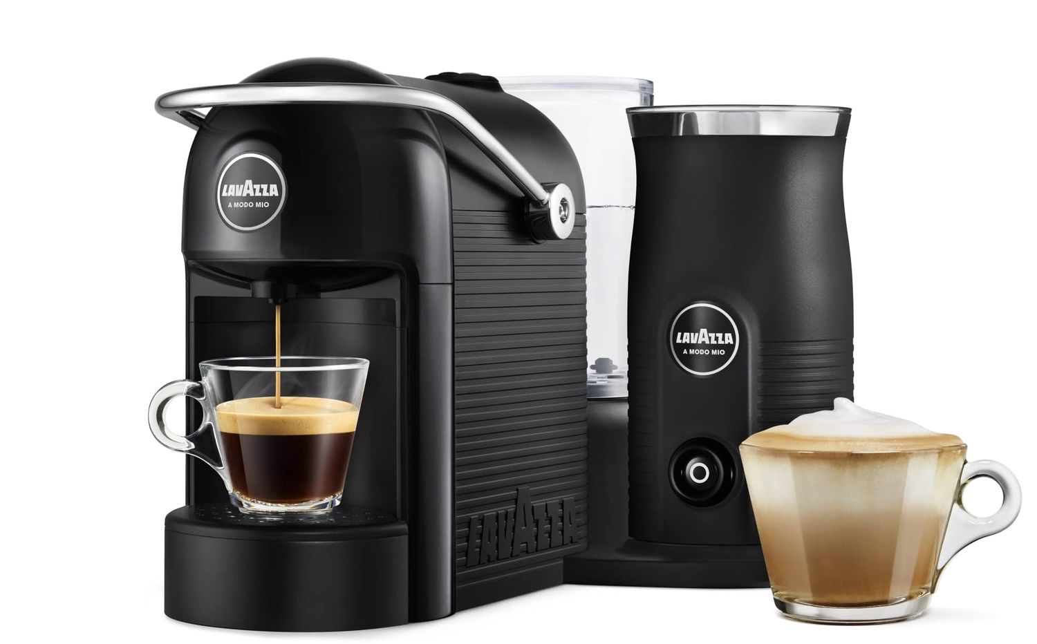Lavazza, A Modo Mio Jolie &amp; Milk EVO Coffee Machine Made from 33% Recycled Plastic, with Integrated Milk Frother and Removable Grid, Compatible with A Modo Mio Pods, 1250 W, 220–240 V, 50–60 Hz, Black