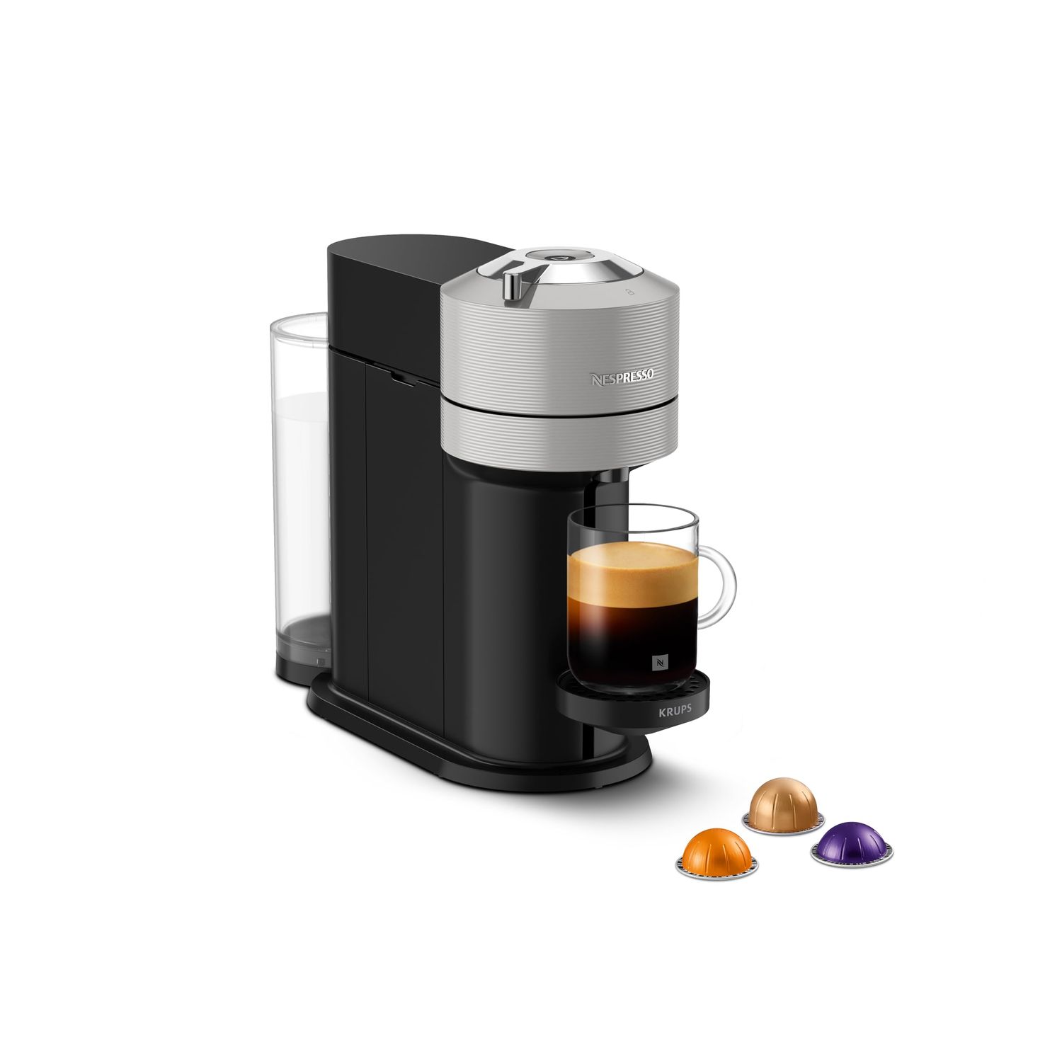 Nespresso Vertuo Next Automatic Pod coffee machine for Americano, Decaf, Espresso by Krups in Grey