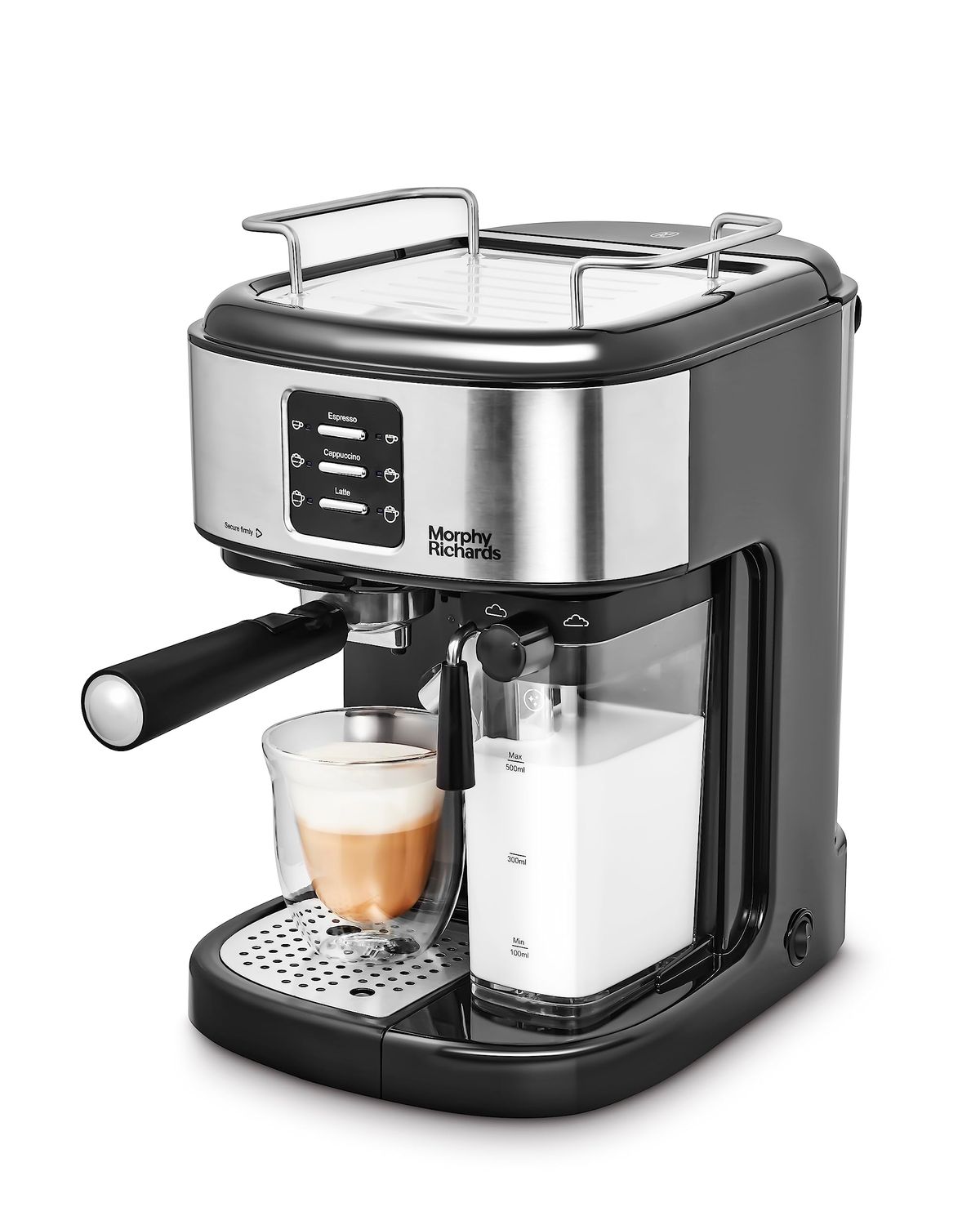 Morphy Richards Traditional Pump Espresso Coffee Machine &amp; Automatic Milk Frother, 15 Bar Pressure, One Touch Espresso, Cappuccino, Latte Maker, Stainless Steel, 172023, Black