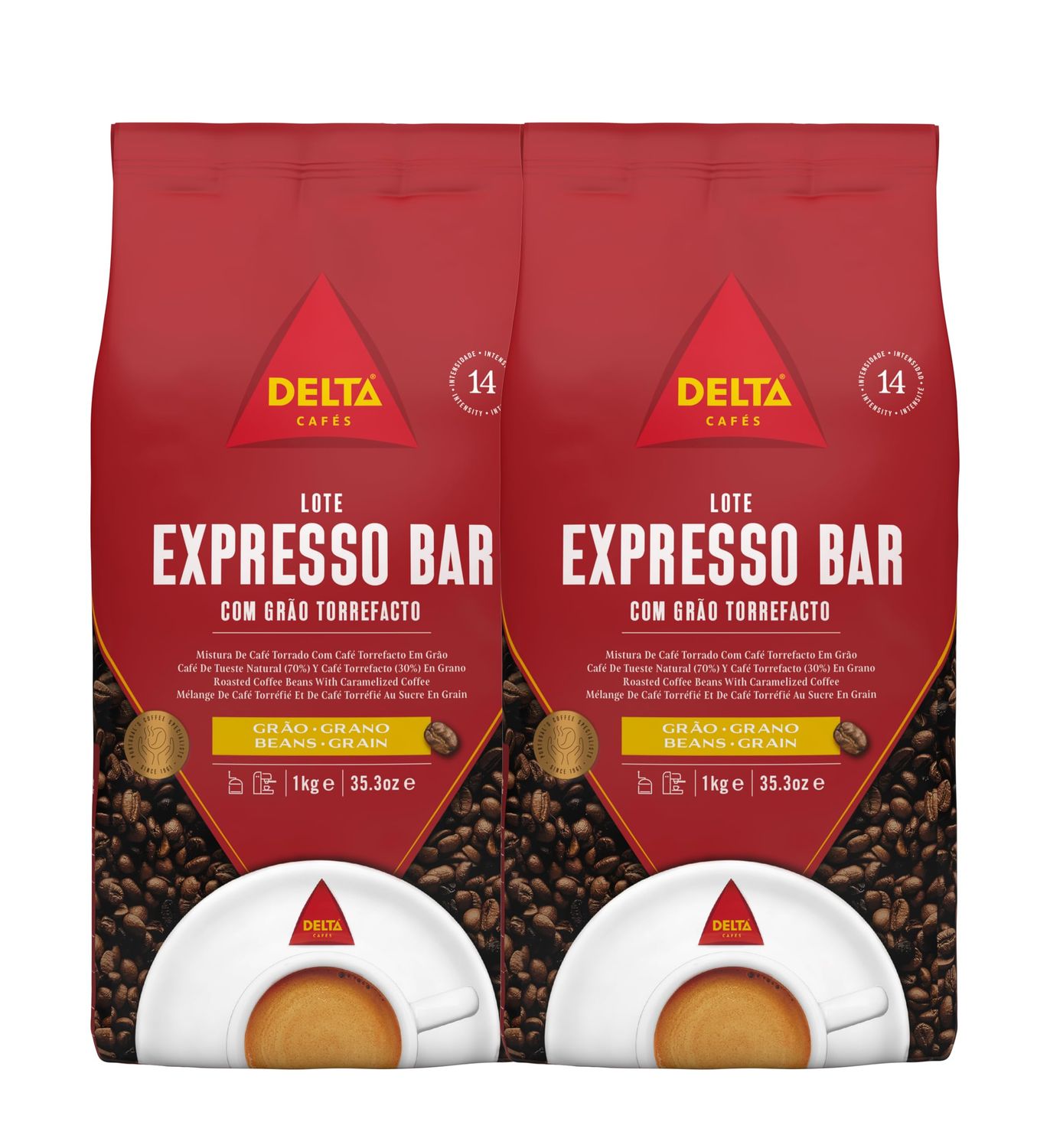 Delta Cafés - Coffee Bean Espresso Bar - 2 Packs of 1 kg - Intensity 14 - Blend of Arabica Coffee Beans and Robust with Natural Roast - Very Aromatic with Caramel Flavor and Roasted Nuts