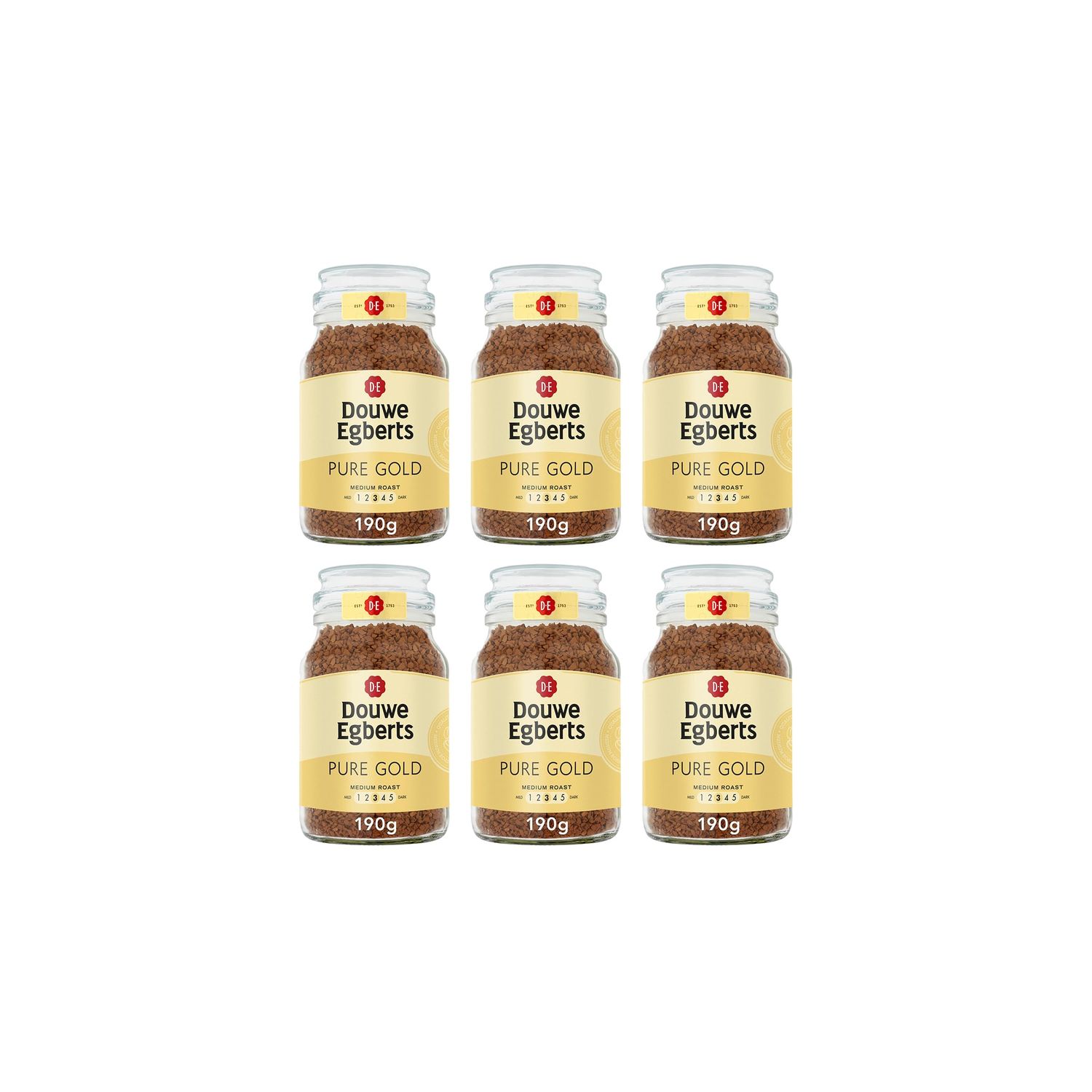 Douwe Egberts Pure Gold Medium Roast Instant Coffee 190g (Pack of 6 Jars, Total 1.14kg)