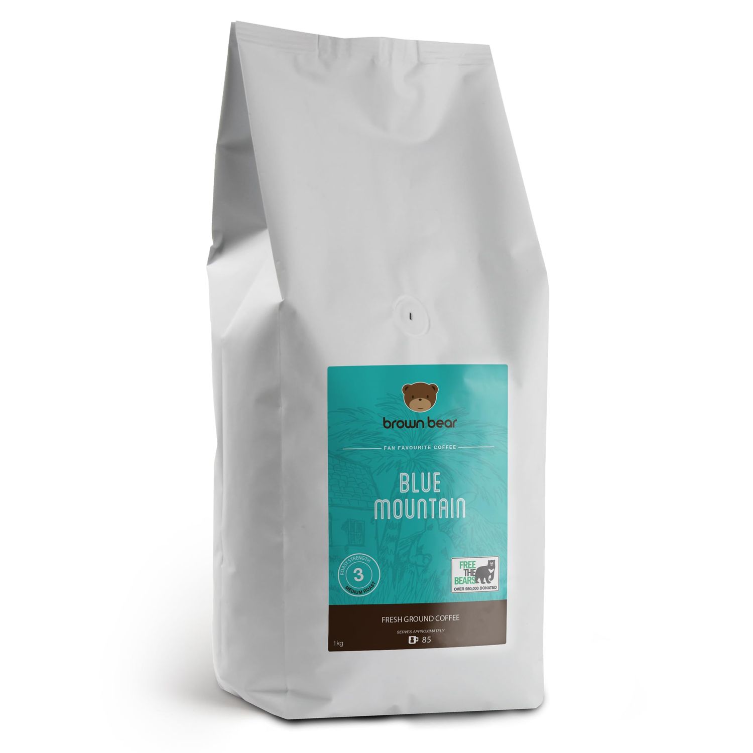 Blue Mountain Medium Roast Coffee Beans 1kg - Brown Bear - for All Coffee Machines - Strength 3 - Donation to Free The Bears - 100% Arabica