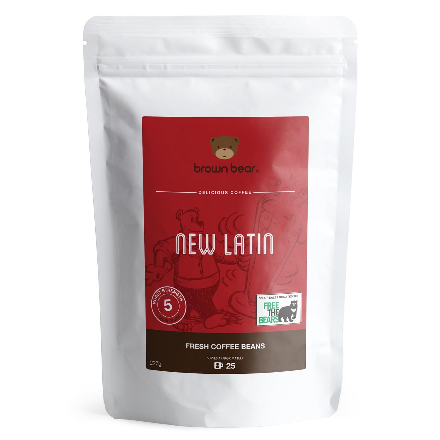 Dark Roast Crema Strong Espresso Coffee Beans 227g - Strength 5 - Brown Bear New Latin Blend - For All Coffee Machines - Donation to Free The Bears