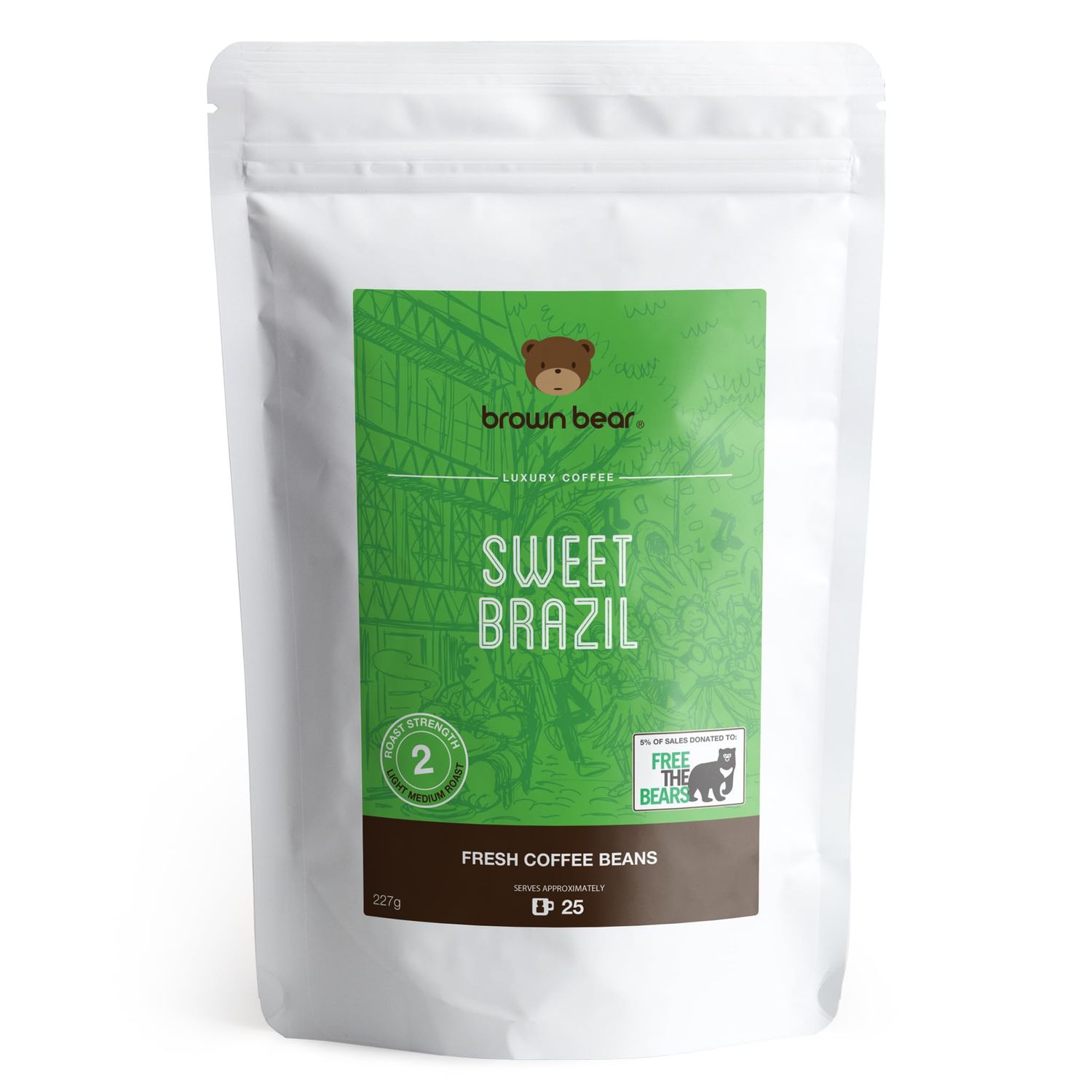 Brazilian Coffee Beans 227g - Light Medium Roast - Brown Bear Sweet Brazil - Donation to Free The Bears - For All Coffee Machines - 100% Arabica