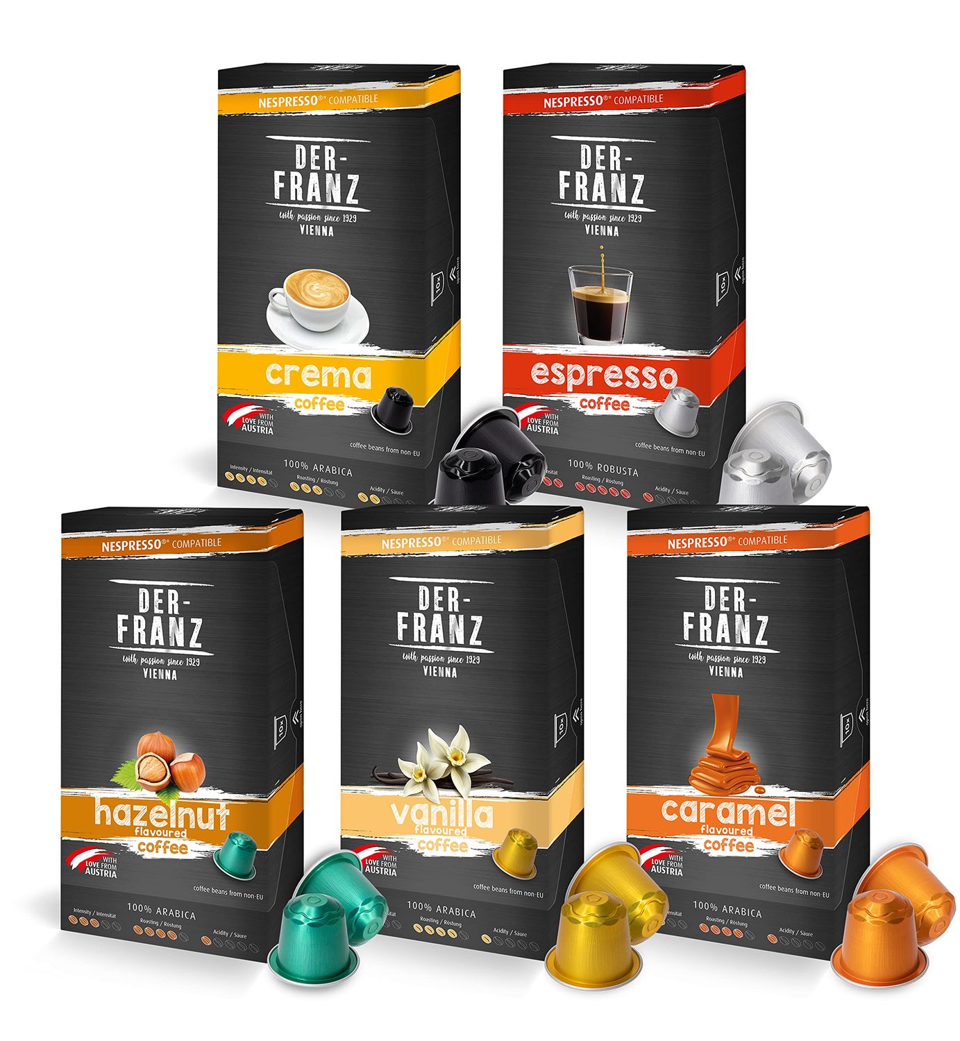 Get to know bundle - Der-Franz Nespresso compatible coffee capsules - 5 x 10 capsules, Crema, Espresso, Hazelnut, Vanilla, Caramel