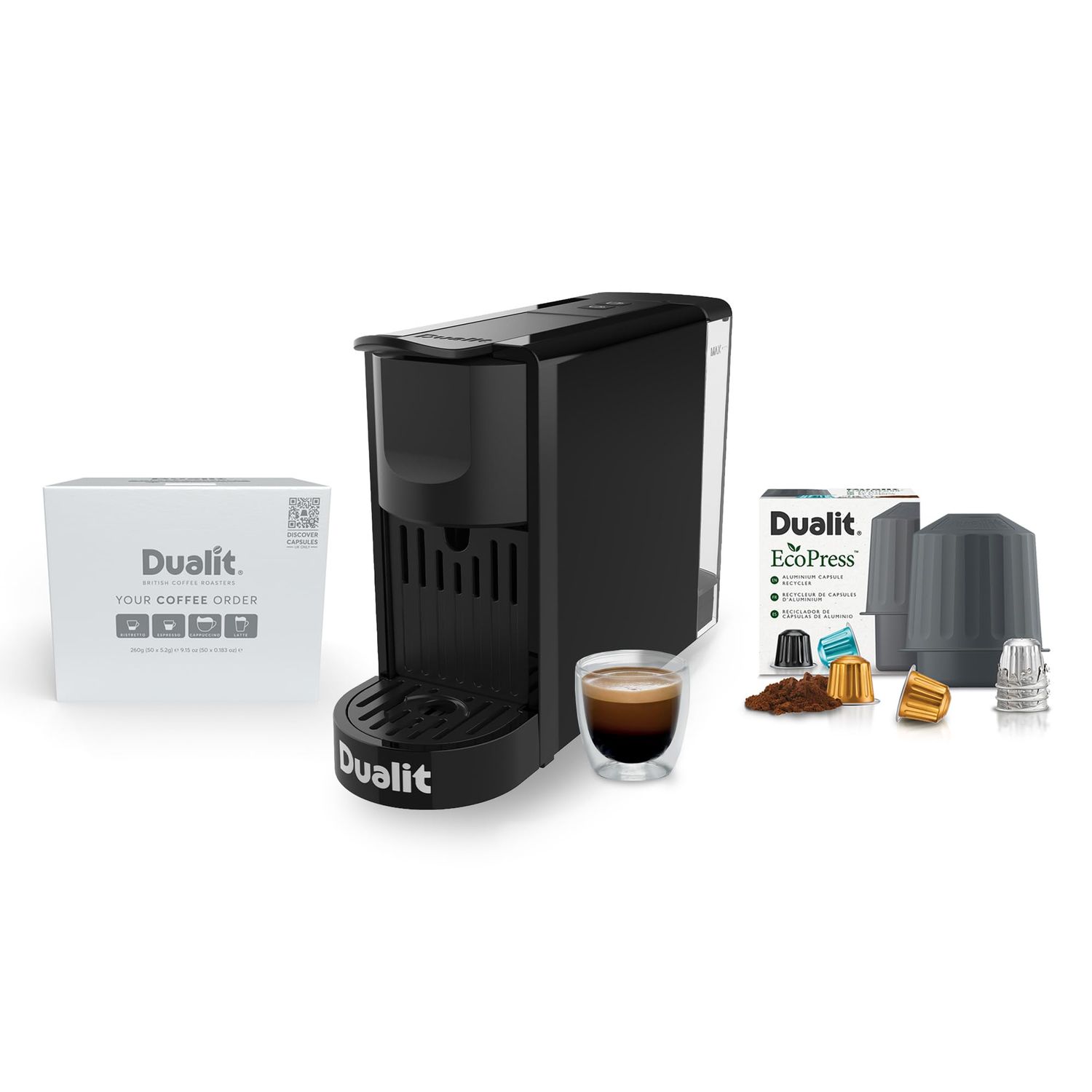 Dualit Ultimate Coffee Lover Starter Set - Easy to use coffee pod machine with EcoPress Aluminium Capsule Recycler with 50 Americano Aluminium Coffee Capsules - Coffee Station Kit - Eco Friendly