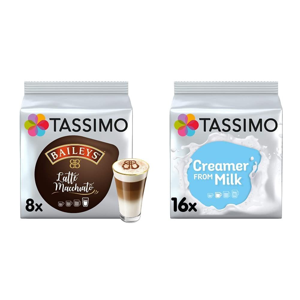 Tassimo Baileys Latte Macchiato Coffee Pods (Pack of 5, Total 80 Coffee Capsules) &amp; Creamer Milk Pods (Pack of 5, Total 80 Coffee Capsules)