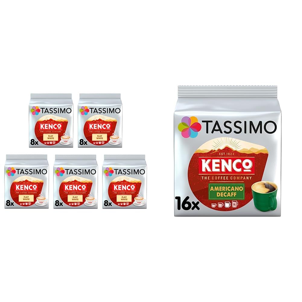 TASSI KC FLAT WHITE &amp; Tassimo Kenco Americano Decaf Coffee Pods (Pack of 5, Total 80 Coffee Capsules)