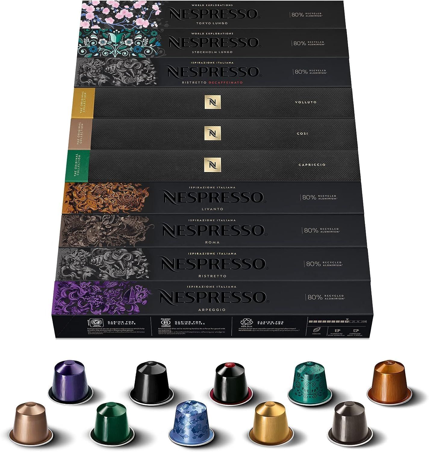 Nespresso Original Coffee Pods, 100 mix pack - 10 Ristretto, 10 Arpeggio, 10 Roma, 10 Cosi, 10 Volluto capsules and more for Nespresso machines. Make Espresso, Cappuccino &amp; Macchiato. Recyclable Pods