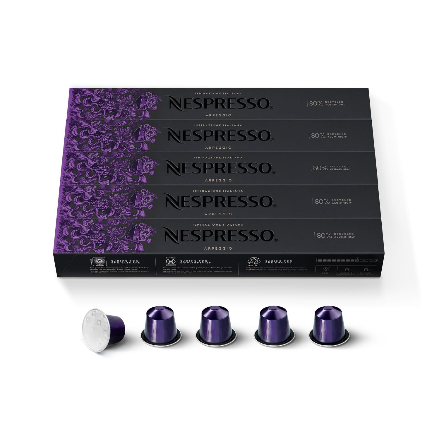 Nespresso Original Coffee Pods - 50 Inspiranzione Arpeggio Capsules for Nespresso Machines. Make Espressos, Cappuccino and Macchiato at home. A short dark roast, intensity 9 coffee. Recyclable Pods