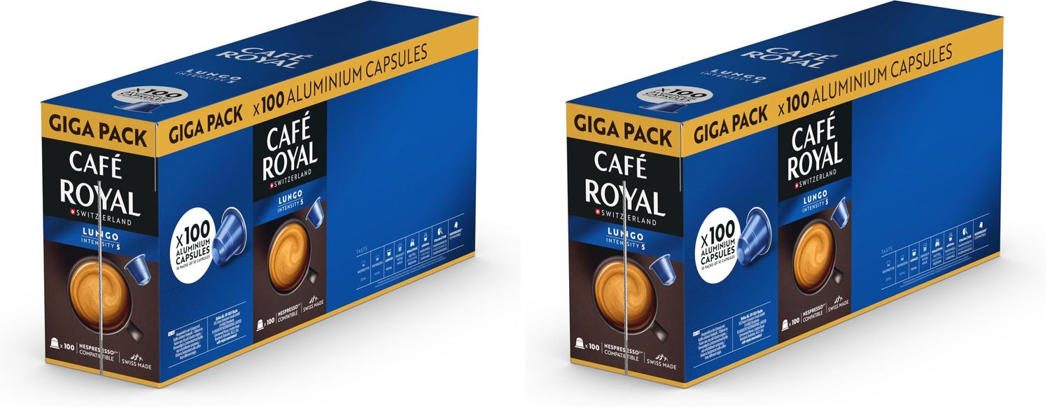 Café Royal Lungo Promo Pack - Nespresso Compatible Coffee Capsules, 100% Arabica, Medium Roast, Intensity 5/12, Rainforest Alliance, 100 Capsules (Pack of 2)