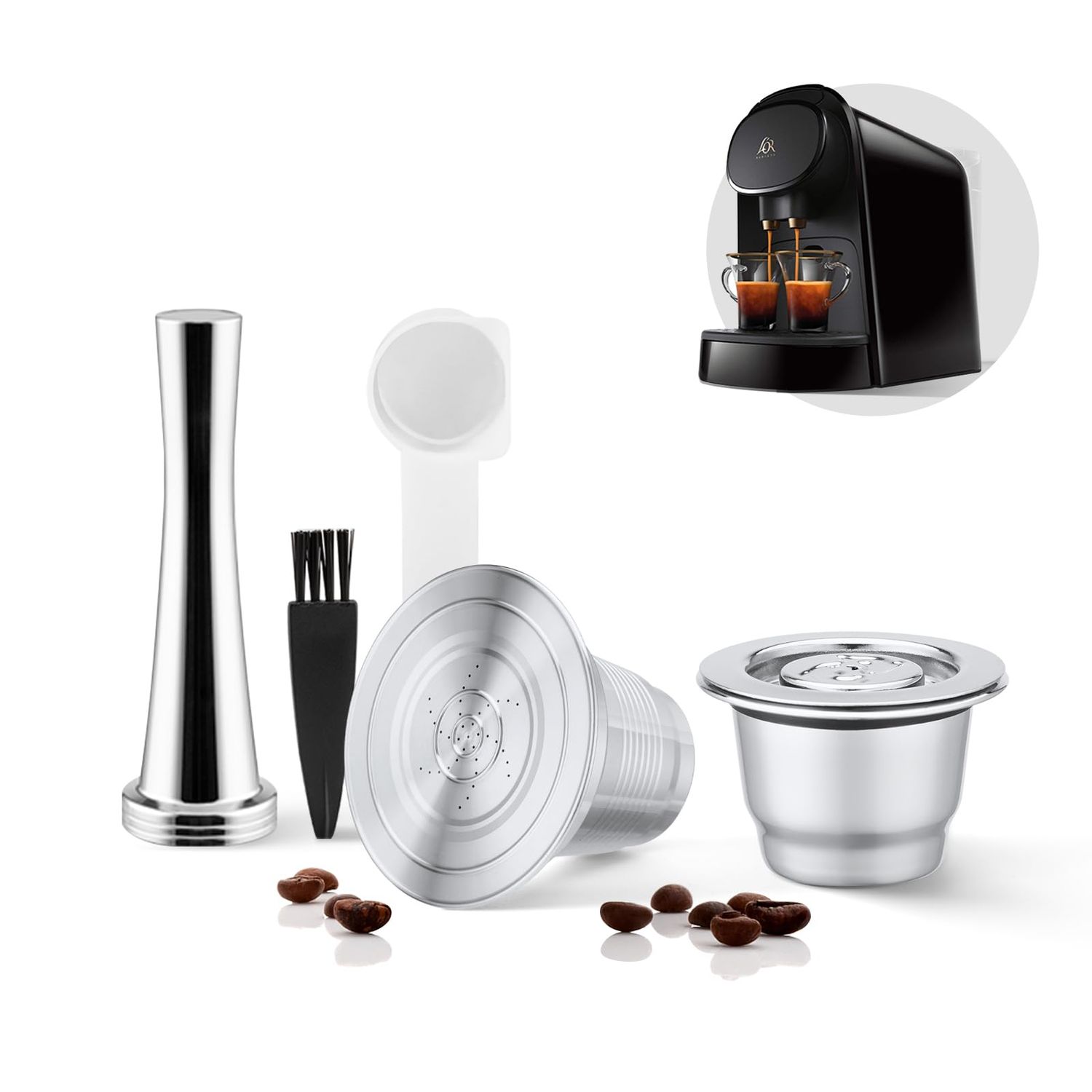 2 Pcs Reusable Stainless Steel Coffee Capsules Compatible with L'OR Barista LM8012 / 60, Refillable Coffee Pods Metal L'or Espresso Pods with Tamper(Big &amp; Small)