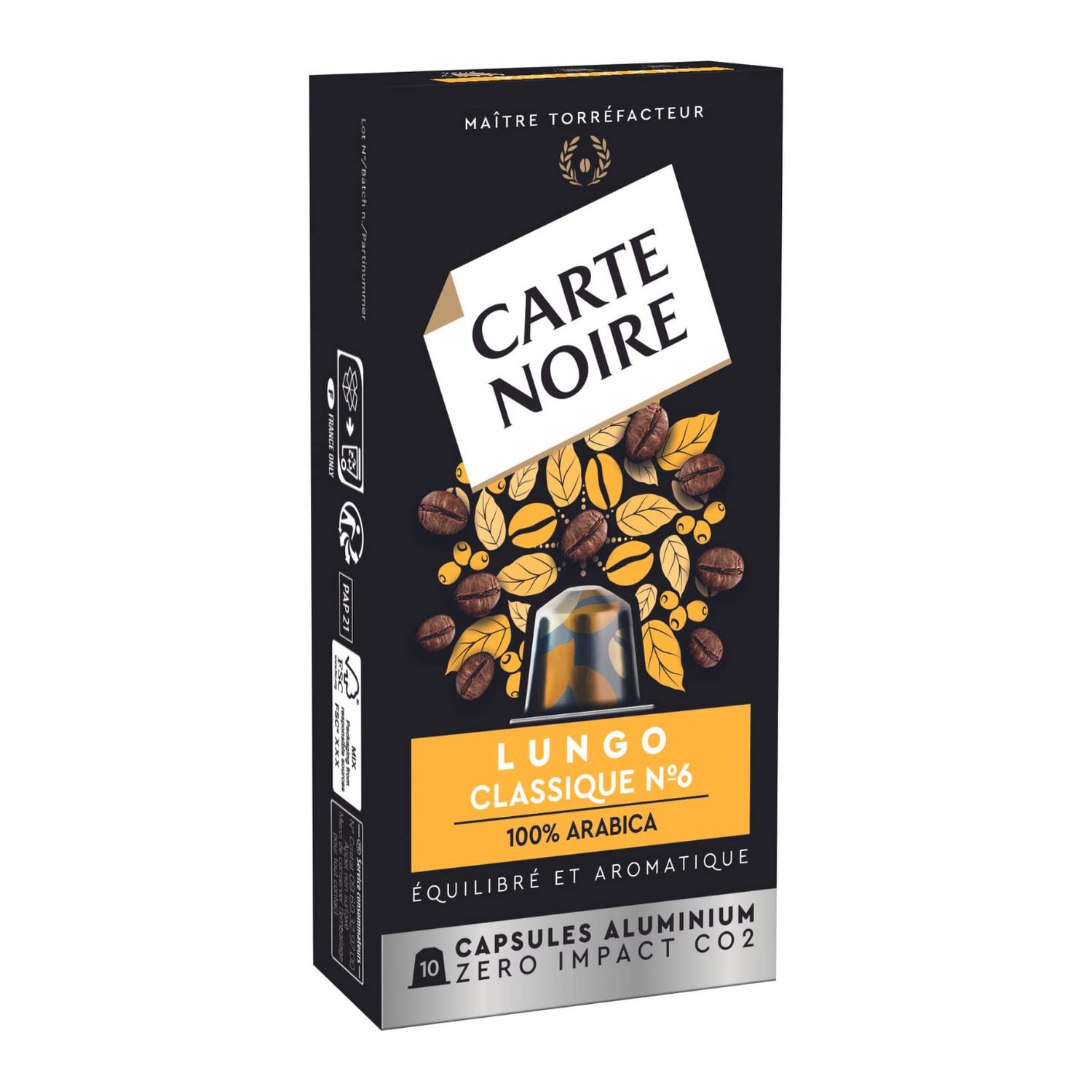Carte Noire, Espresso Lungo, Nespresso Compatible Aluminium Capsules, 1 Pack of 10 Coffee Pods, 100% Arabica, Roasted and Nutty Notes, Intensity 8/10, Rich Aroma, Coffee Capsules for a Tall Coffee