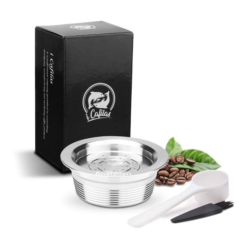 i Cafilas Refillable Coffee Pods, Stainless Steel Reusable Coffee Capsule Compatible for LAVAZZA A MODO MIO Espresso Coffee Machines + 1 Reusbale Spoon + 1 Brush with/Without Coffee Tamper (Capsule)