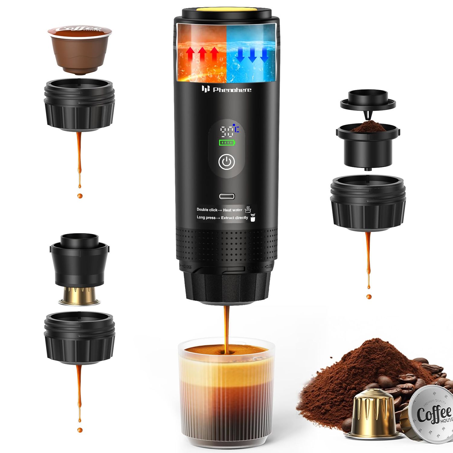 6-in-1 Portable Electric Espresso Machine-20Bar Self‑Heating camping coffee maker with 7500mA Battery,Display,compatible with Large/Small Capsules&amp;Coffee Powder for Travel,Camping,Car&amp;Office