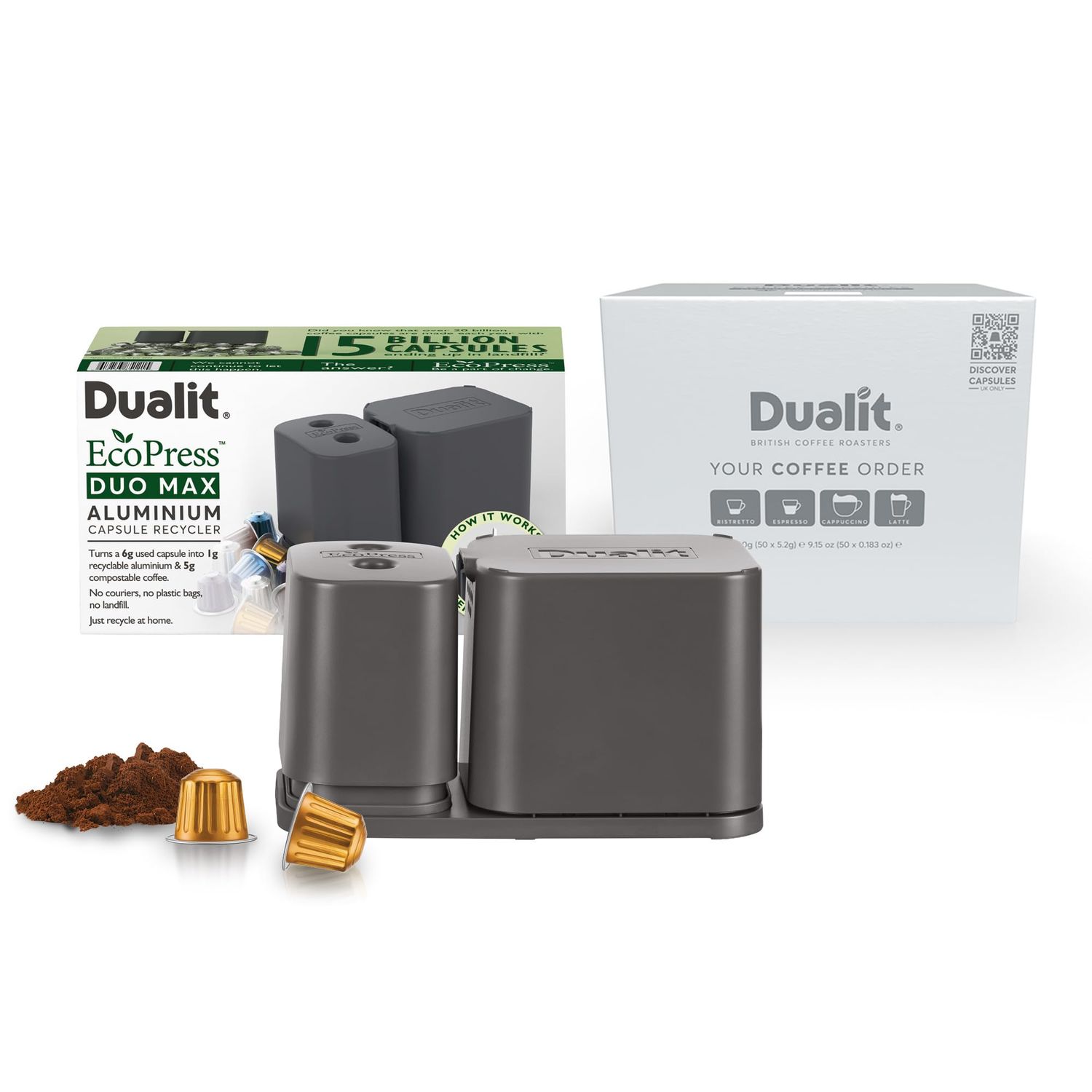 Dualit EcoPress Duo Max Coffee Recycling Bundle - EcoPress Aluminium Capsule Recycler with 50 Americano Aluminium Coffee Capsules