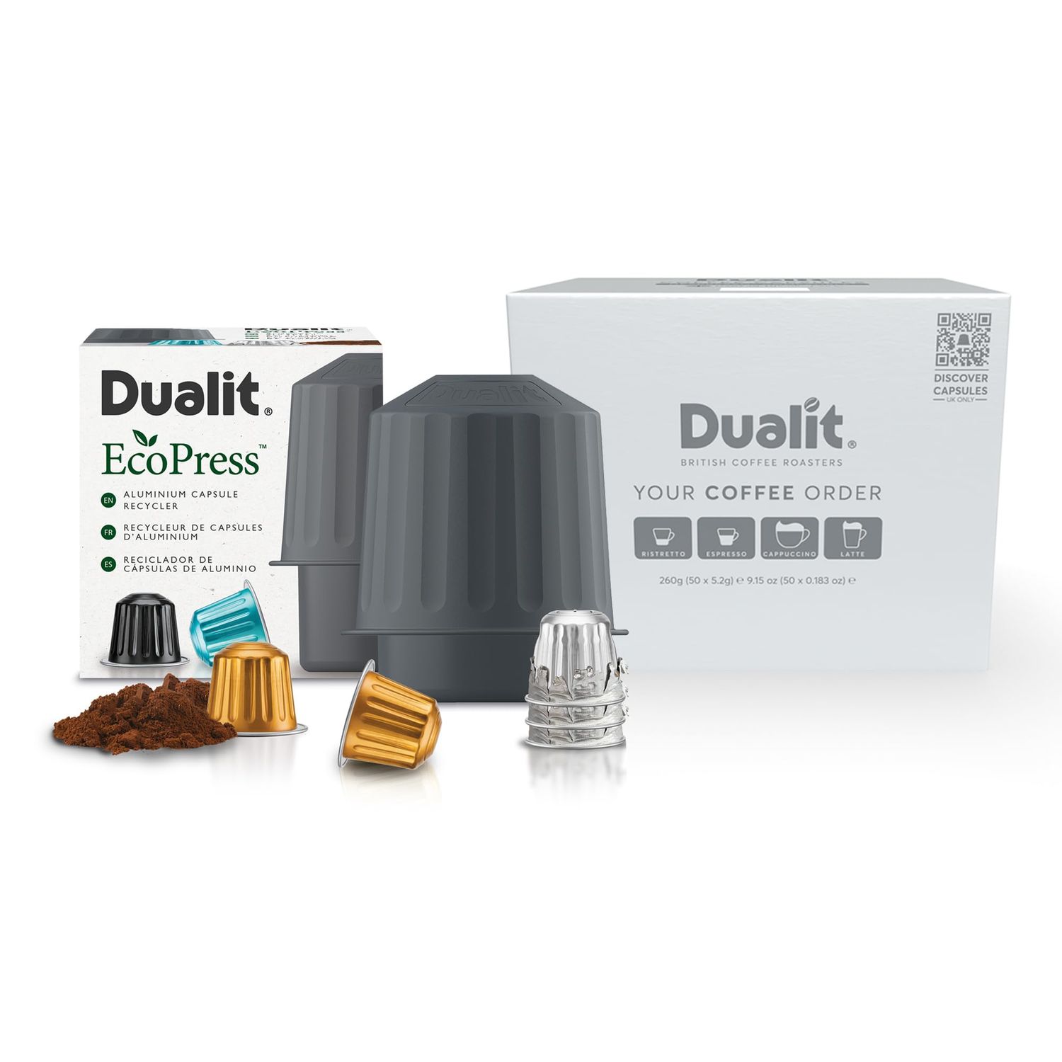 Dualit EcoPress Coffee Lover Bundle - EcoPress Aluminium Capsule Recycler with 50 Americano Aluminium Coffee Capsules