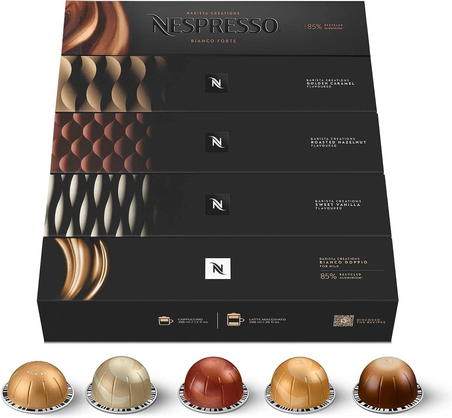 Nespresso Vertuo Barista Creations Assortment of 50 Capsules - 10x Sweet Vanilla 10x Golden Caramel, 10x Roasted Hazelnut, 10x Bianco Forte, 10x Bianco Doppio