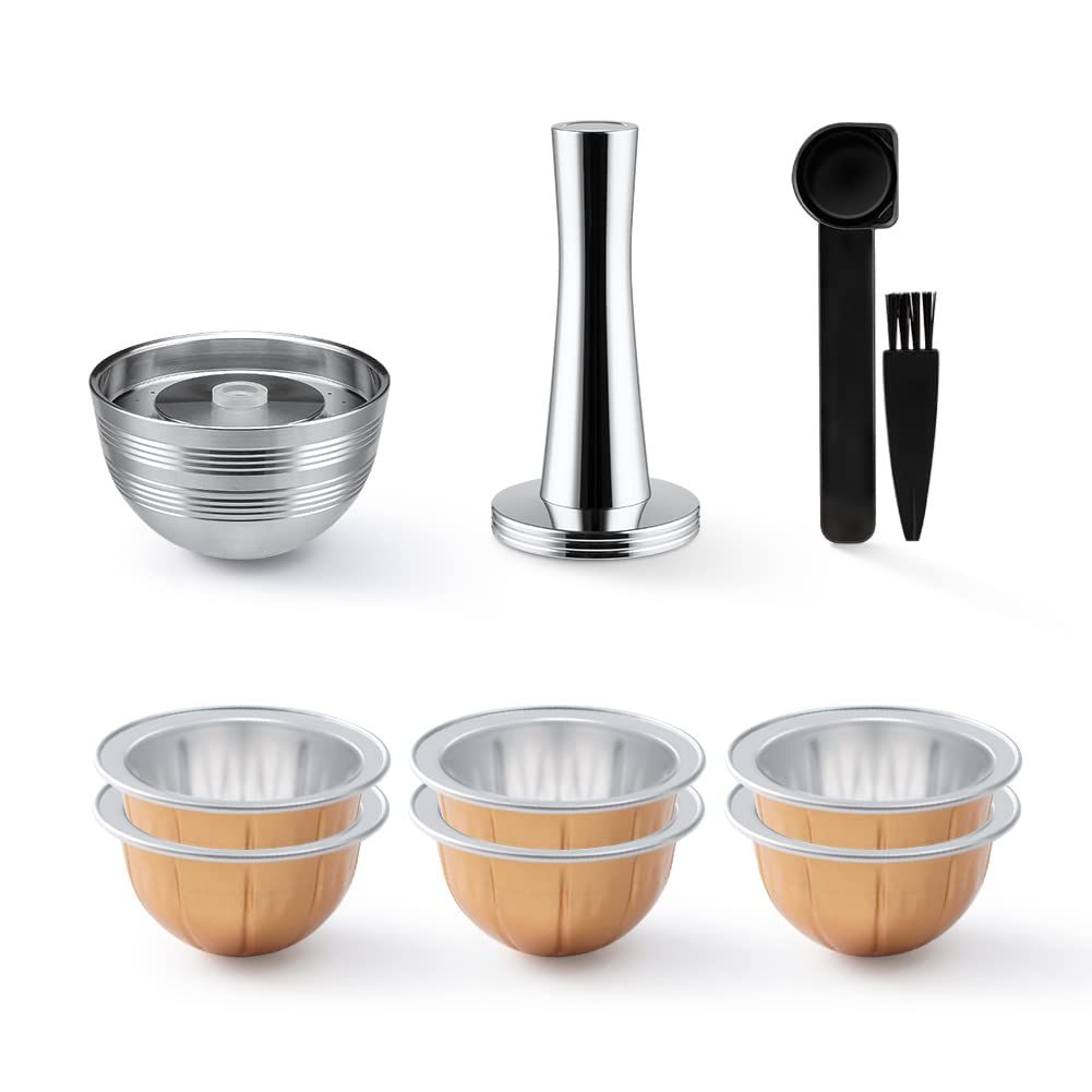 Stainless Steel Reusable Vertuo Capsules 1 Pcs ONLY for VERTUOLINE Next+Empty Refillable VERTUOLINE Pods-80+150+230ml Each 2 Pcs + 1Pcs Coffee Capsule Tamper for Nespresso Vertuo Next Reusable Pods