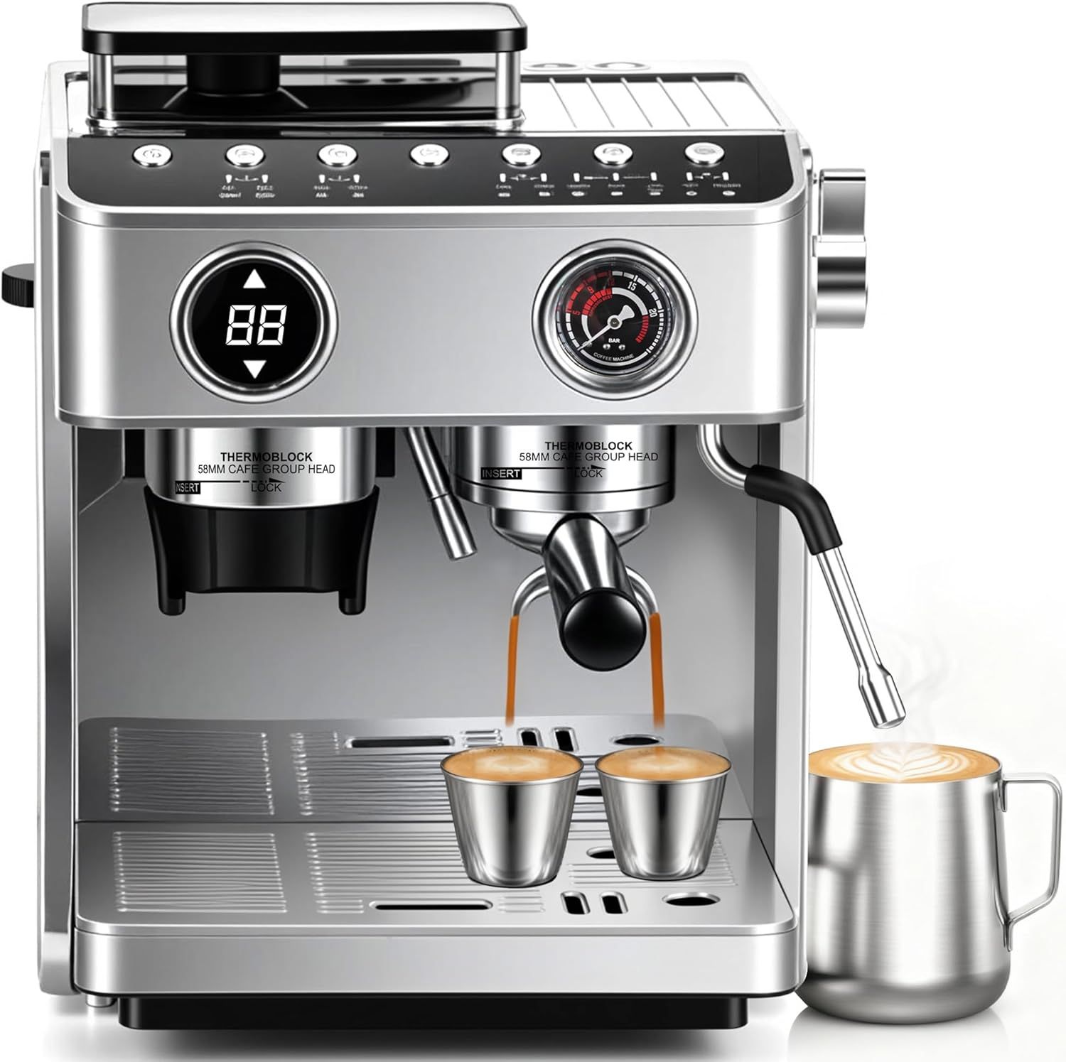 Professional 20-Bar Bean to Cup Coffee Machine with Grinder, Milk Frother - 2800W Double Boiler Esp…