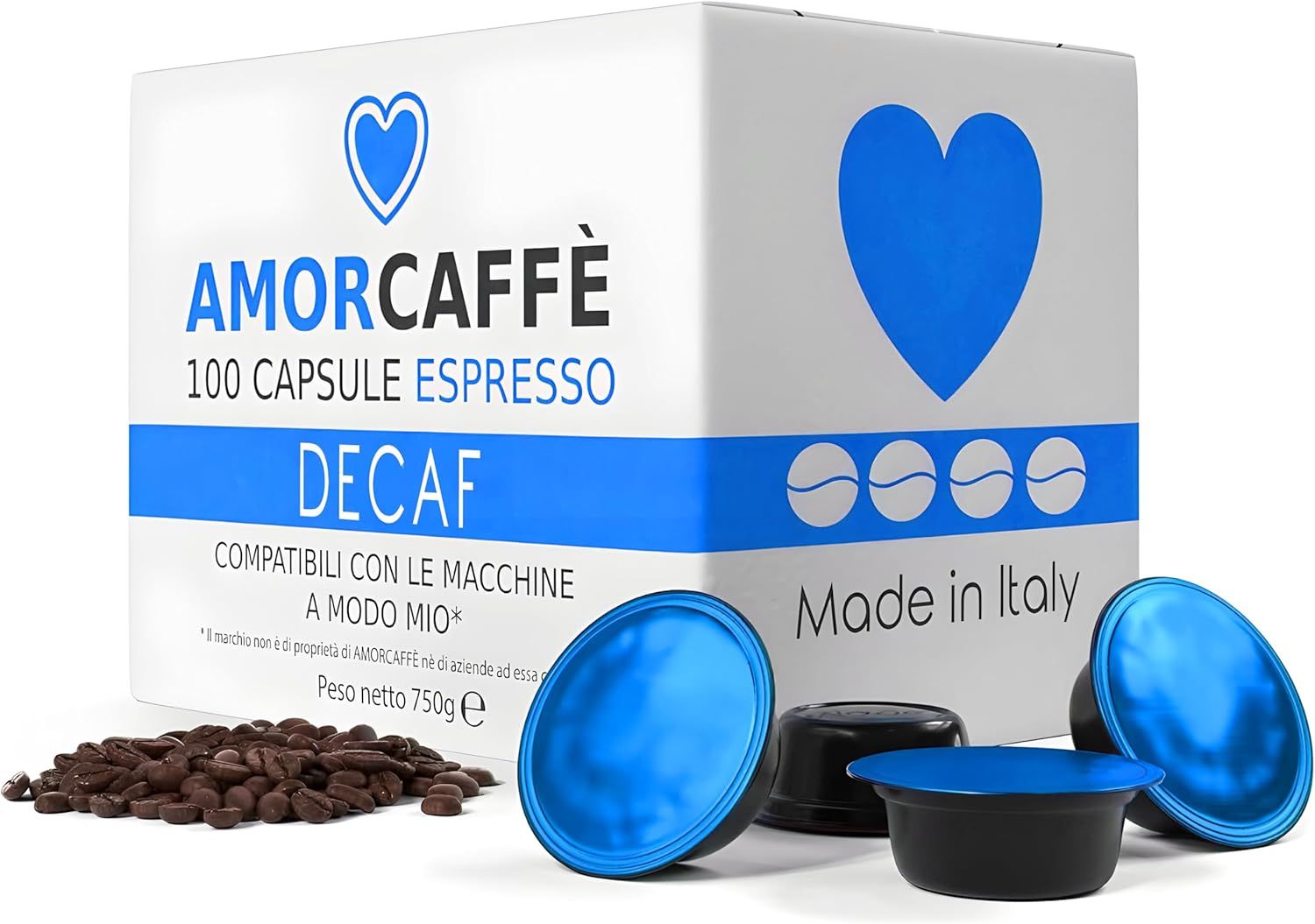 AMORCAFFÈ 100 Decaffeinated Coffee Capsules Pods Compatible with Lavazza A Modo Mio, Decaf