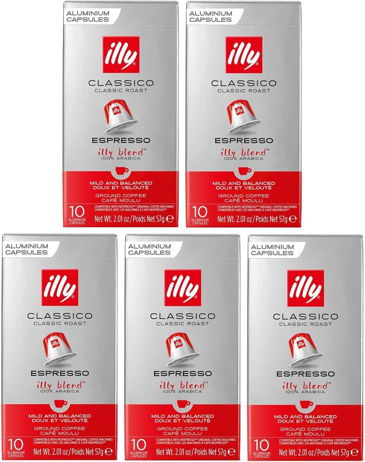 illy Nespresso Compatible Classico Aluminium Coffee Capsules - (Pack of 5, Total 50 Pods) - 100% Ar…