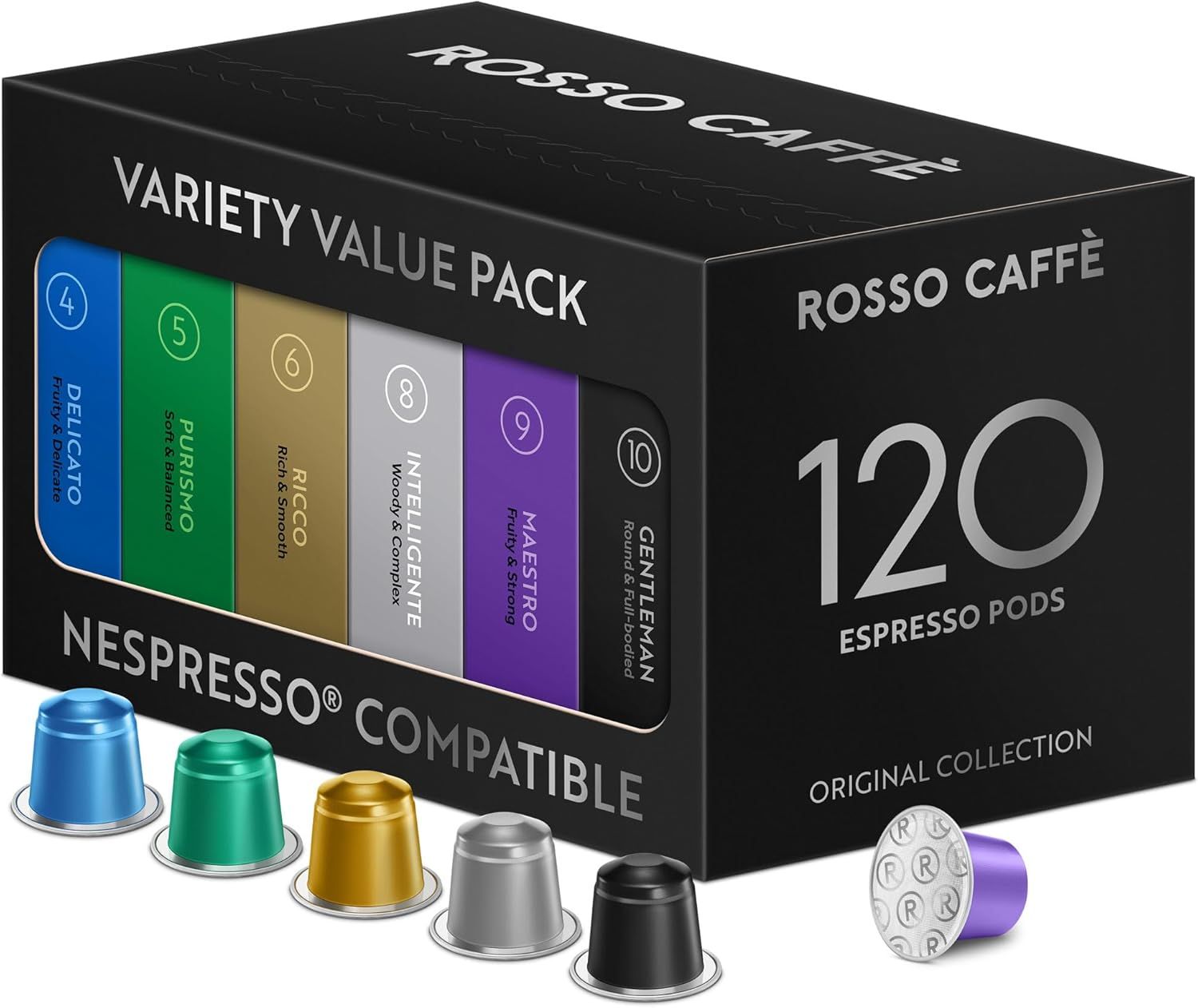 ROSSO CAFFÈ 120 Nespresso Machine Compatible Capsules, Variety Pack, 6 Flavours, Aluminium Coffee P…