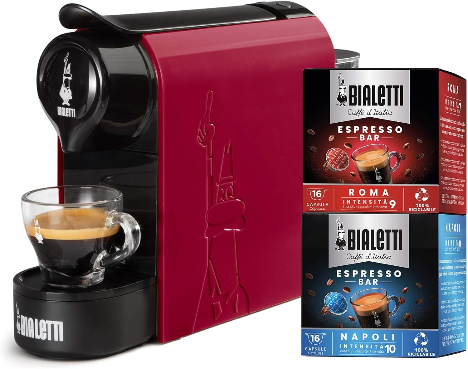 Bialetti Gioia Espresso Machine for Capsules Aluminium with 32 Capsules Super Compact 500ml Tank Red
