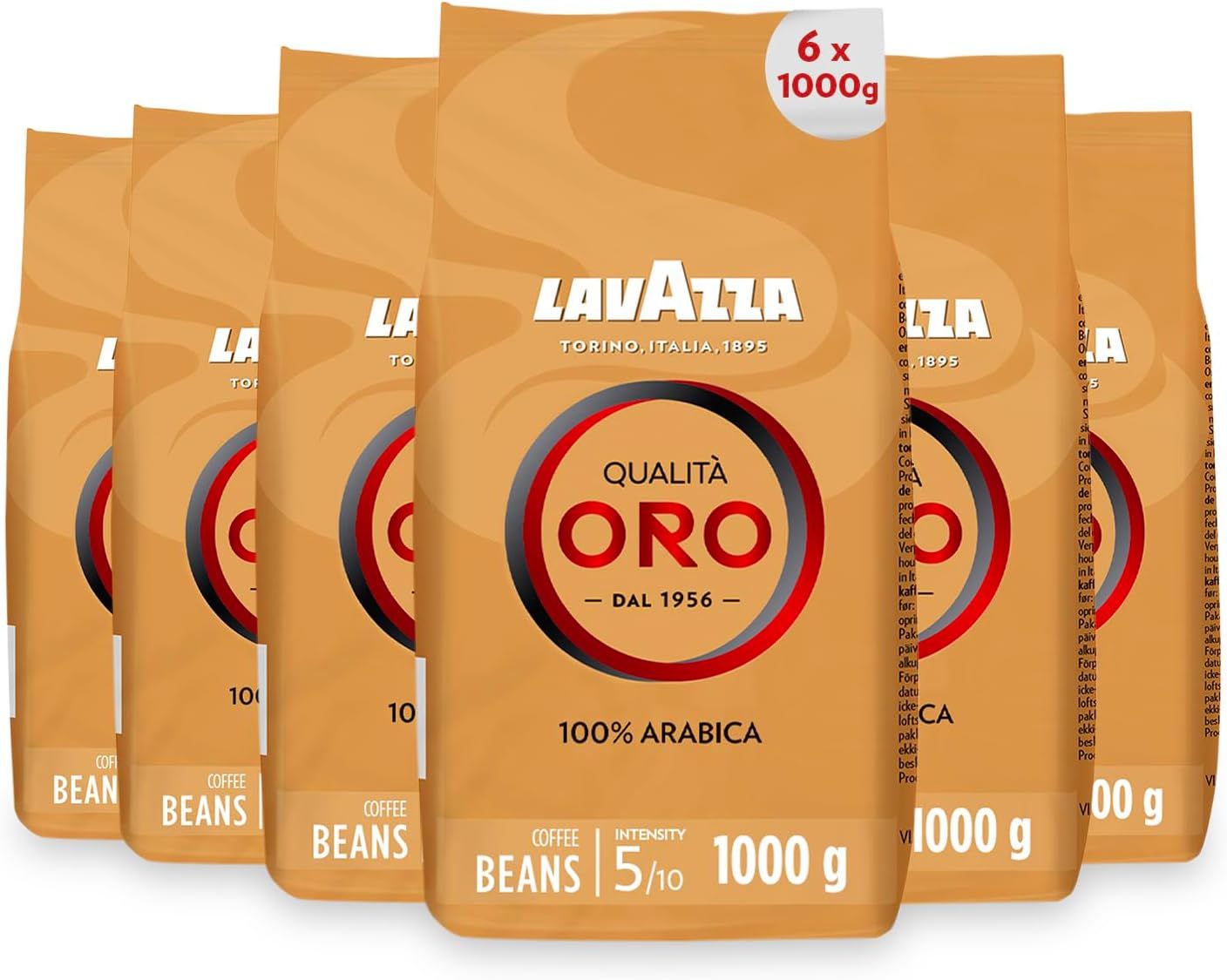 Lavazza Coffee Qualita Oro, Whole Beans, Bean Coffee, Pack of 6, 6 x 1000 g