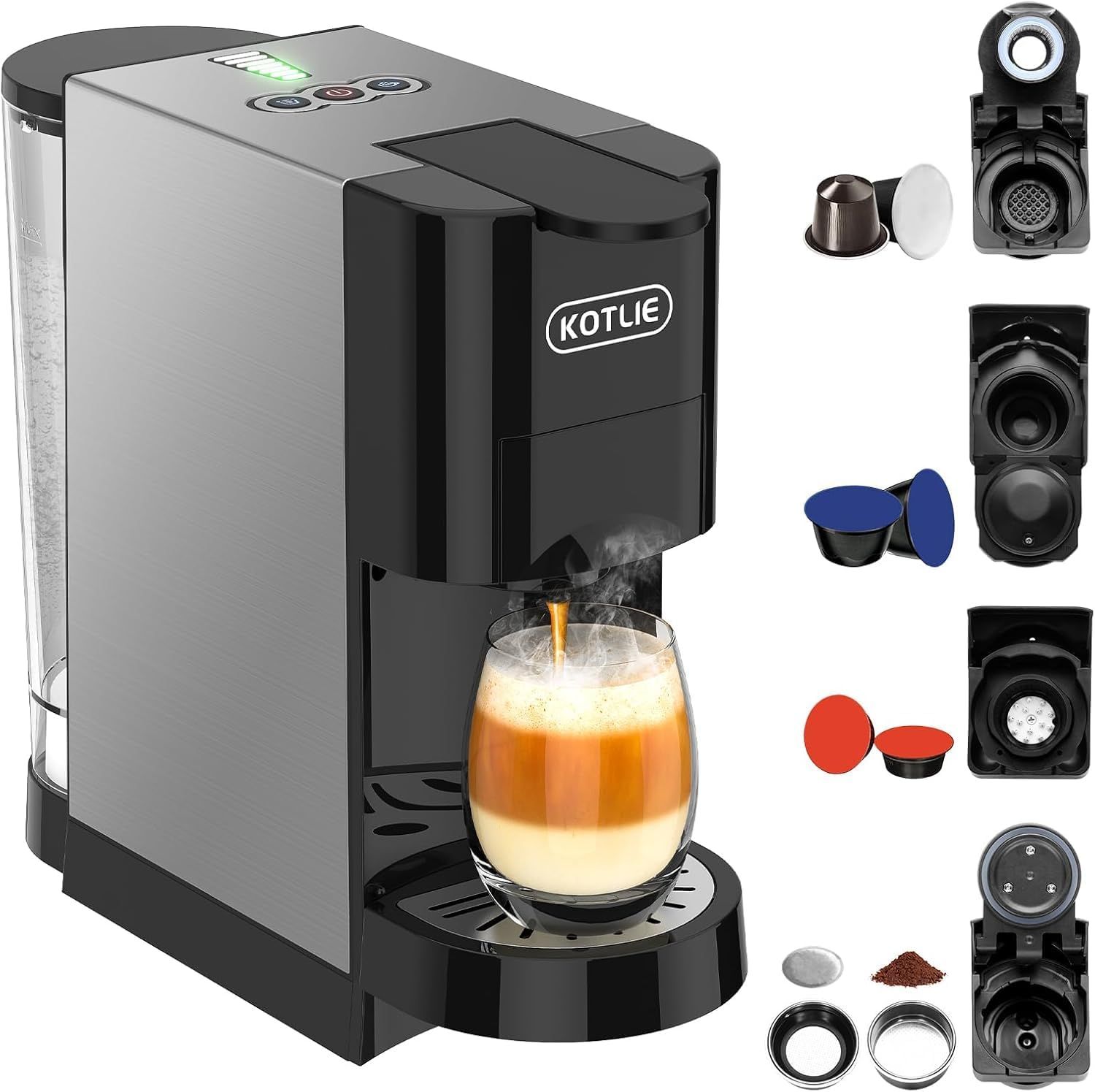 5 in 1 Espresso Single Serve Coffee Machine for Nespresso Original/Dolce Gusto/Mio/L’OR/Ground Caps…