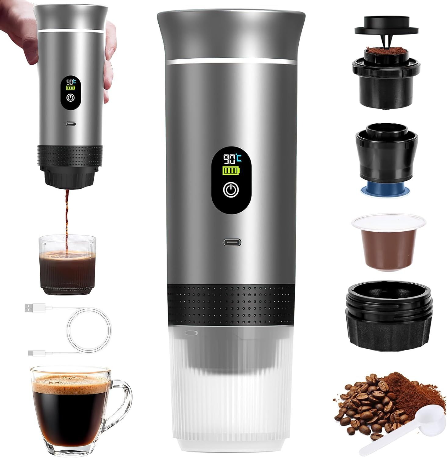 3-In-1 Electric Portable Coffee Maker, 20 Bar Portable Espresso Maker, Portable Coffee Machine, Sel…
