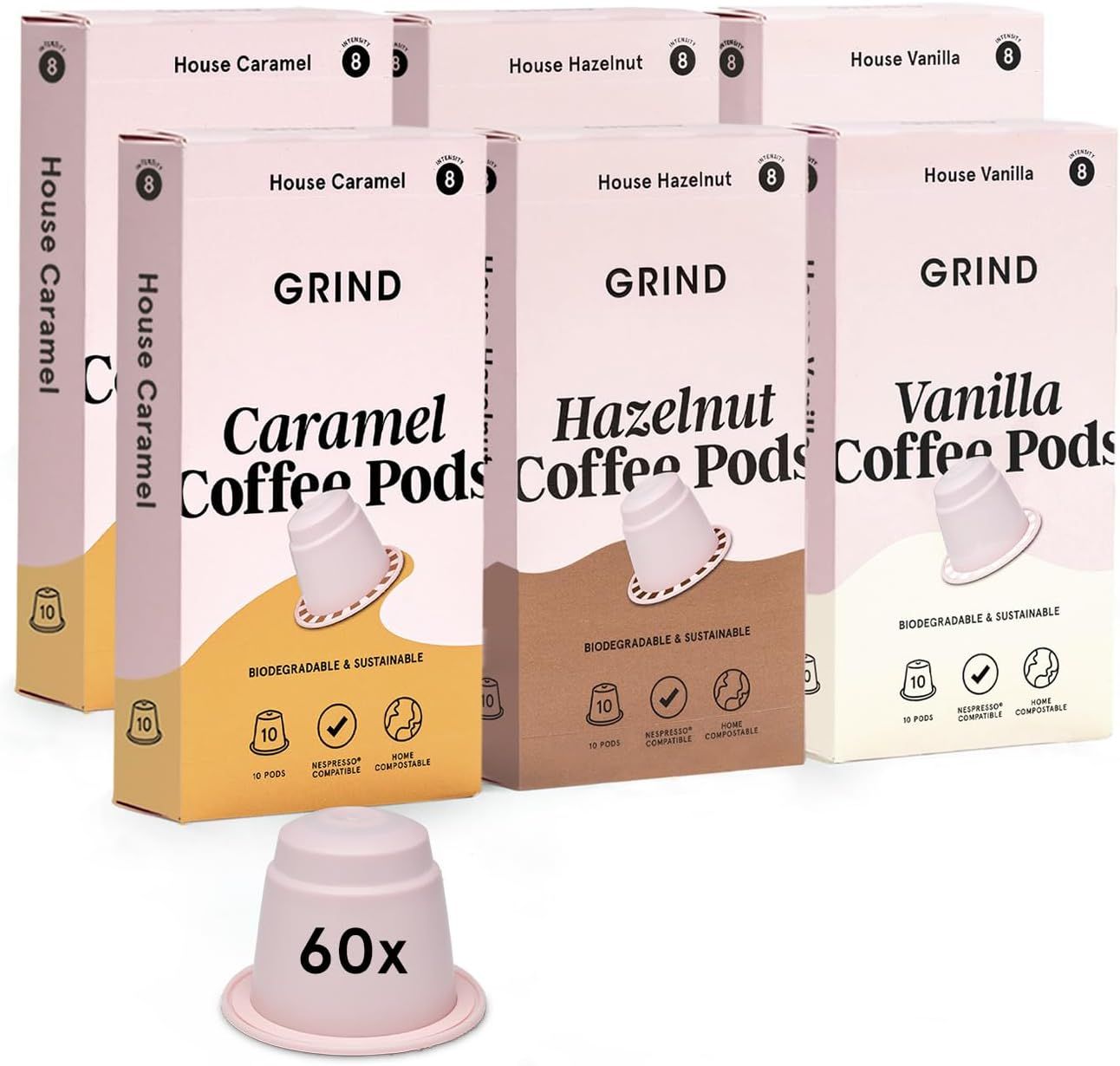 Grind Flavour Variety Pack – Pack of 60 Biodegradable Pods – Hazelnut, Vanilla &amp; Caramel Blend – 10…