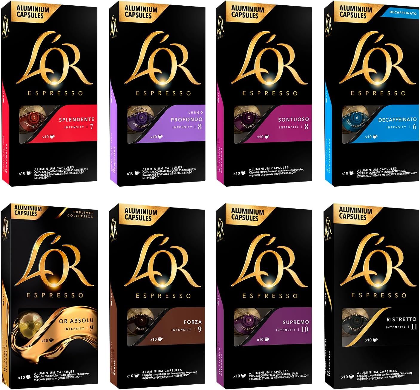 L'OR Favourites Assortment - Nespresso Compatible Coffee Pods (Pack of 8, Total 80 Drinks)