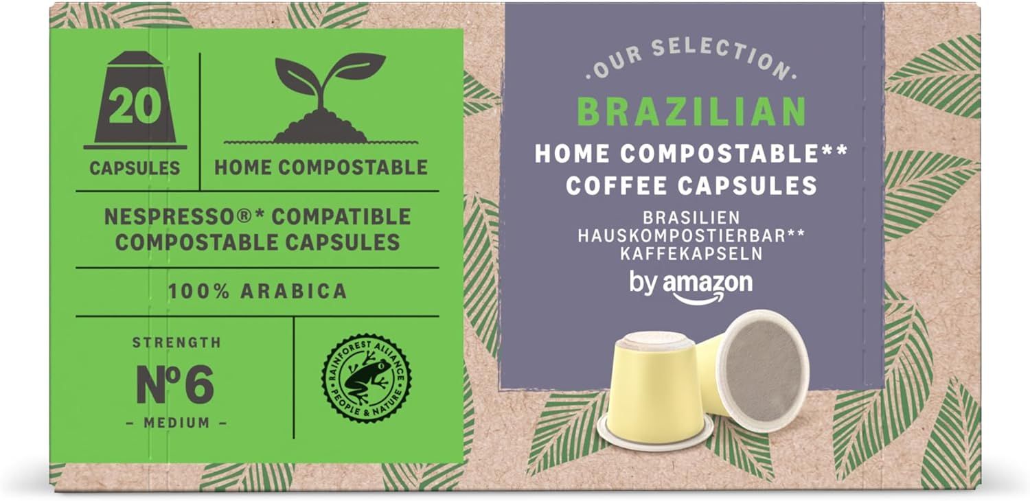 by Amazon Home Compostable Coffee Capsules Compatible with Nespresso, 100% Brazilian Arabica, 20 Co…