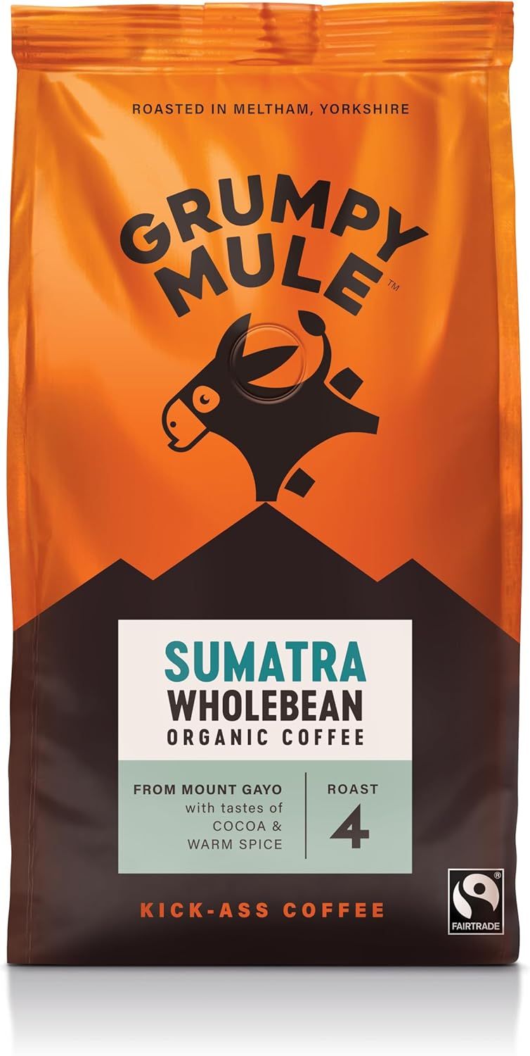 Grumpy Mule Sumatra Mount Gayo Organic (Whole Coffee Beans) with notes of Cocoa and Warm Spice 200g