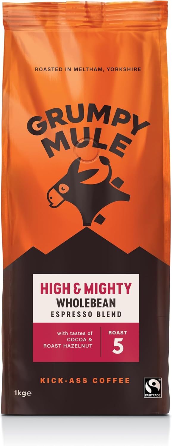 Grumpy Mule High and Mighty Espresso Blend Whole Coffee Beans with notes of Cocoa and Roast Hazelnu…