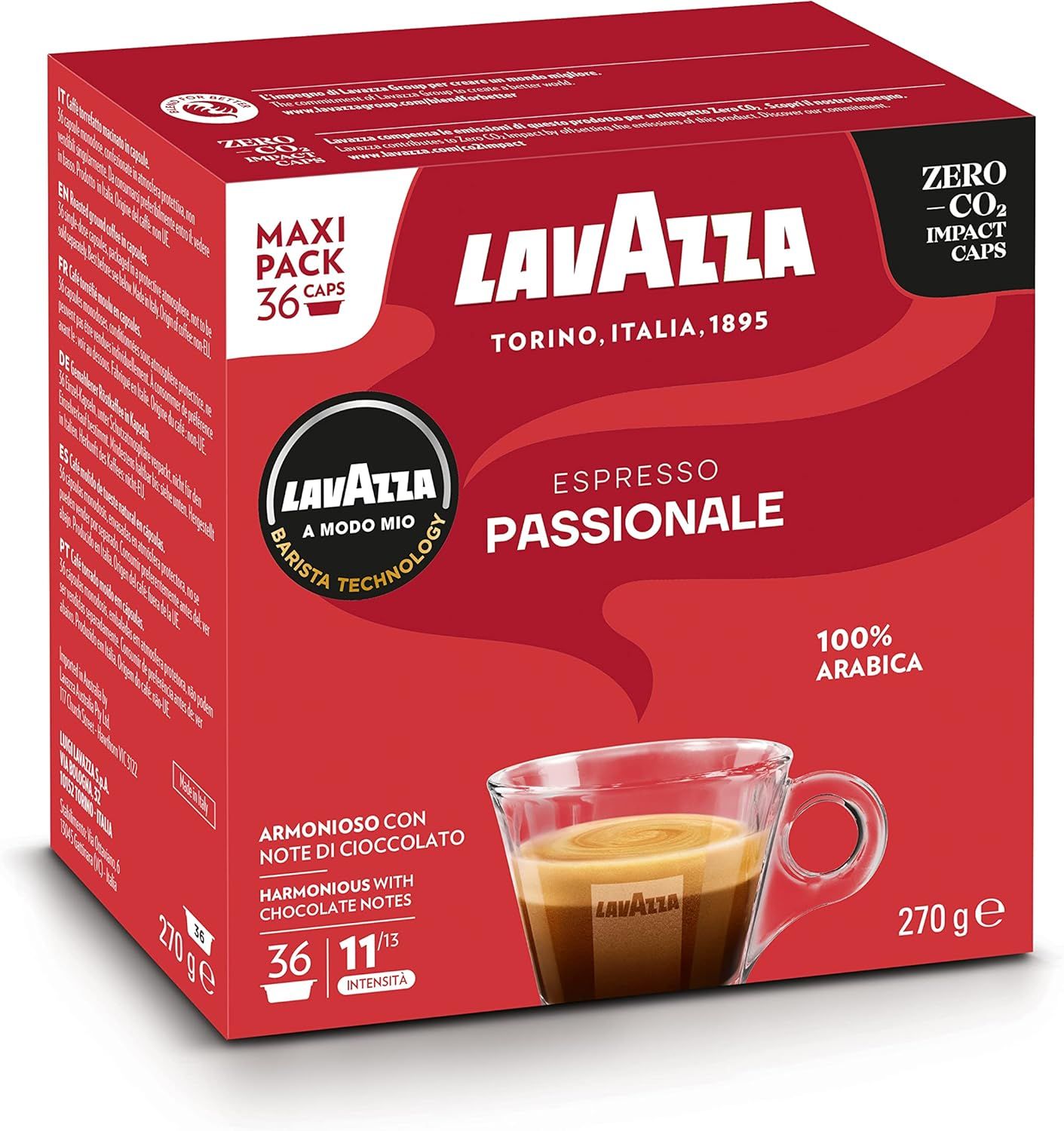 Lavazza A Modo Mio Passionale Coffee Pods Espresso, 100% Arabica, 36 capsules