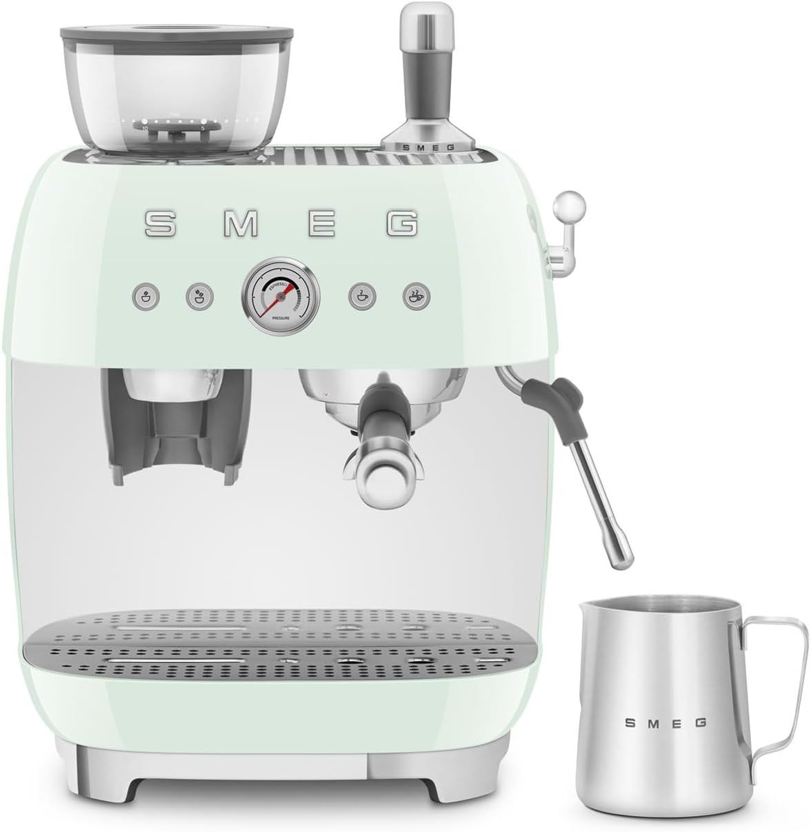 Smeg EGF03PGUK Espresso Coffee Machine with Grinder, 20 Bar Pump, 2.4L, 1650W, Pastel Green