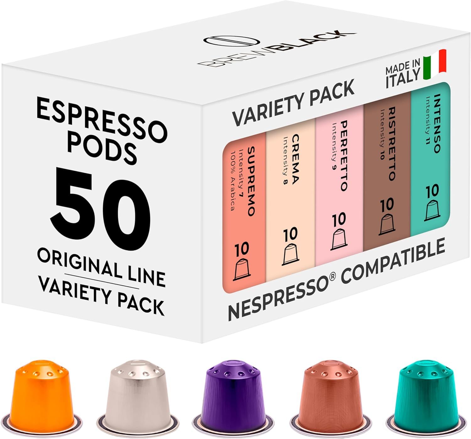 BrewBlack Variety Pack - 50 Aluminium Coffee Pods Compatible with Nespresso Original line - Medium …