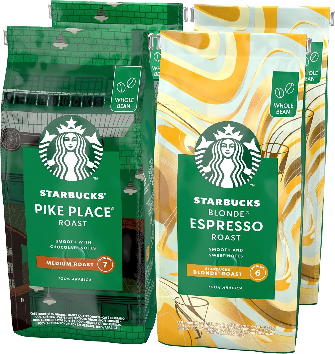 STARBUCKS Pike Place Roast, Blonde Espresso Roast Whole Bean Coffee 450g (Pack of 4)