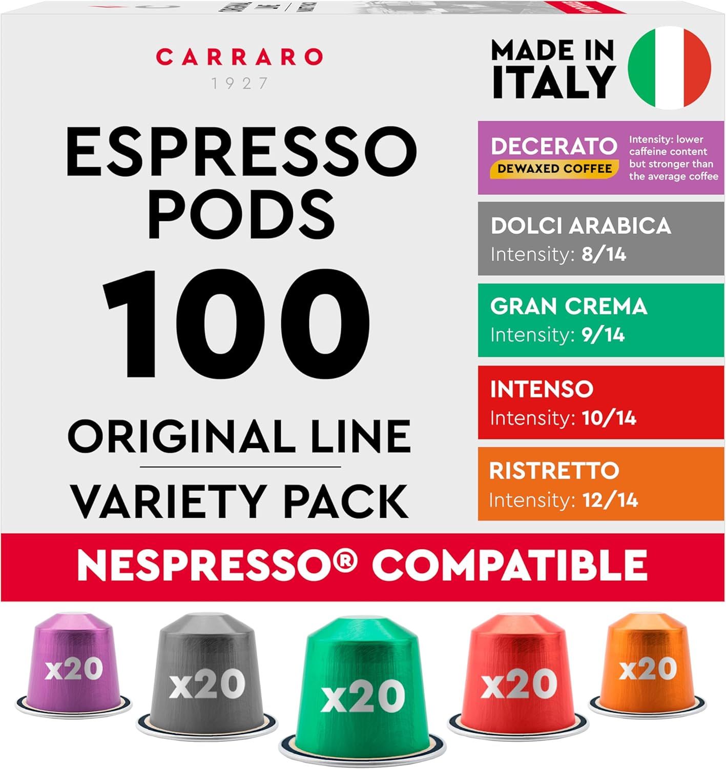 CARRARO 1927 Variety Pack Coffee Capsules - 100 Aluminium Coffee Pods Compatible with Nespresso Ori…