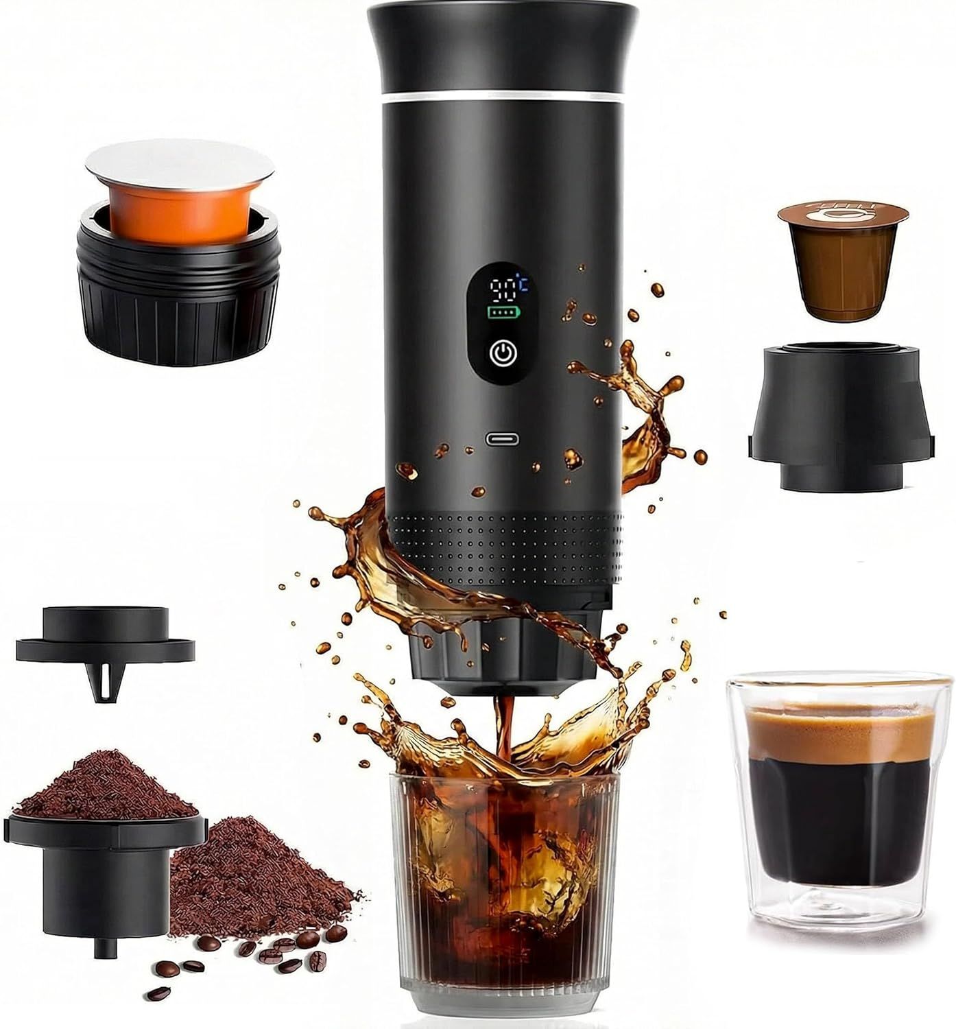 Portable Espresso Maker,Travel Coffee Maker for Camping,3-in-1 Mini Coffee Machine with Self-Heatin…