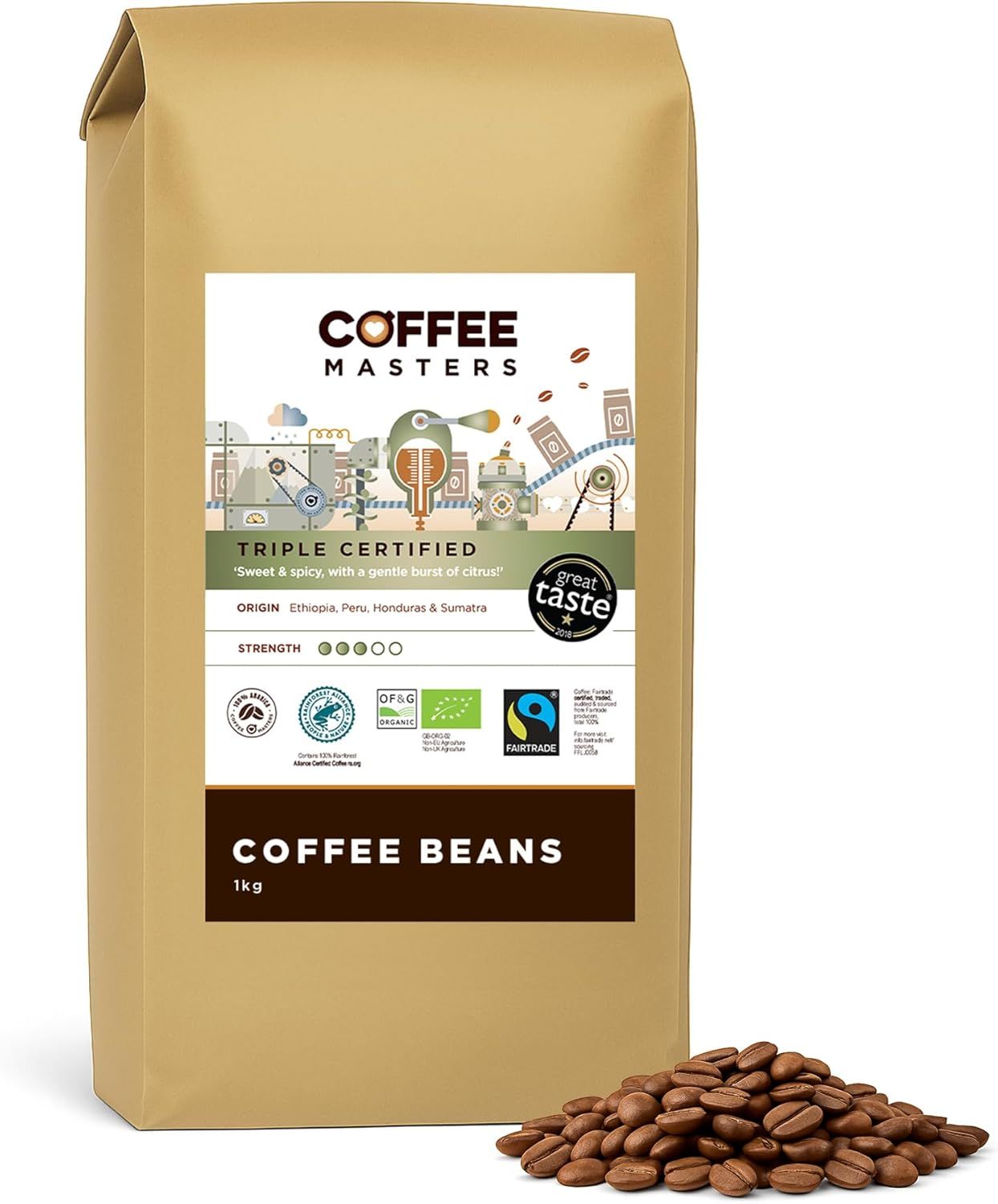 Coffee Masters Triple Certified Arabica Coffee Beans 1kg - Fairtrade, Organic, Medium Roast Whole B…