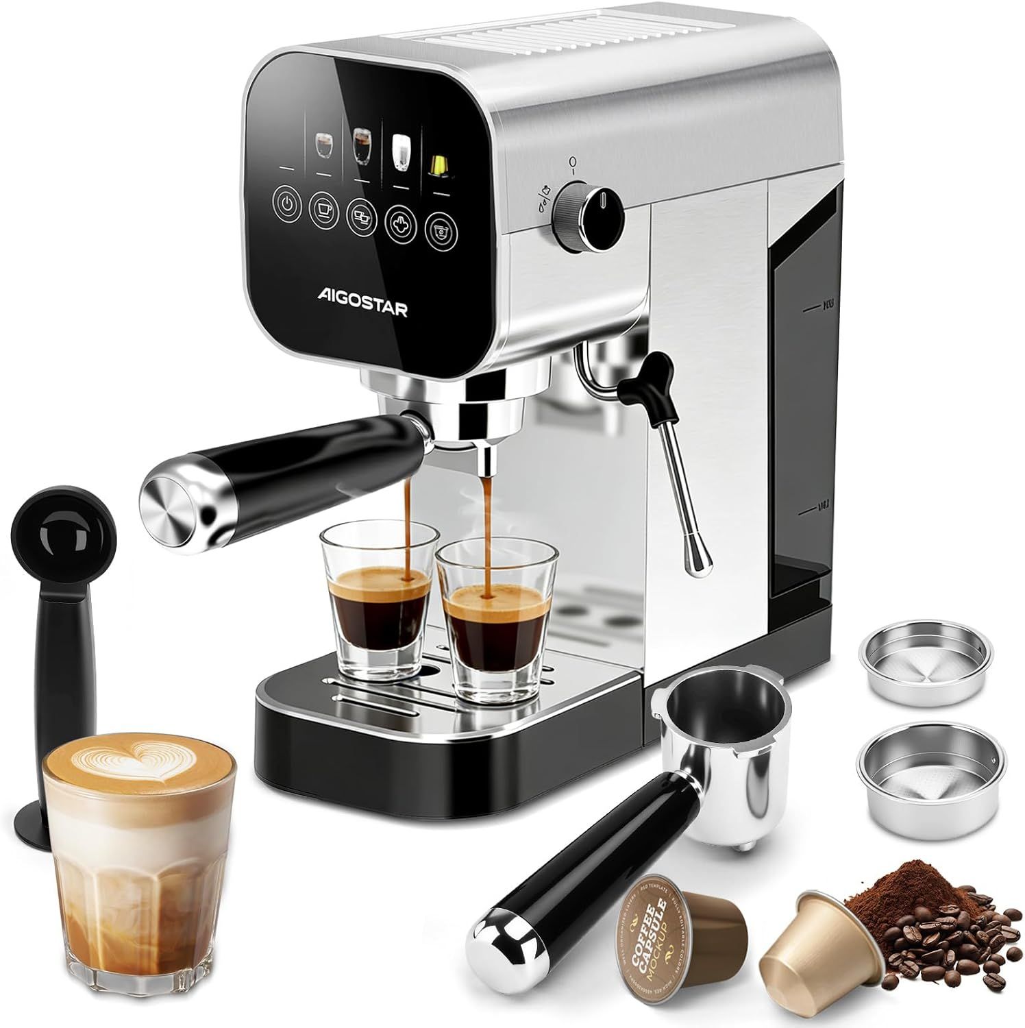 Aigostar 20Bar Espresso Coffee Machine for Capsule &amp; Ground Coffee, Cappuccino &amp; Latte Maker with M…