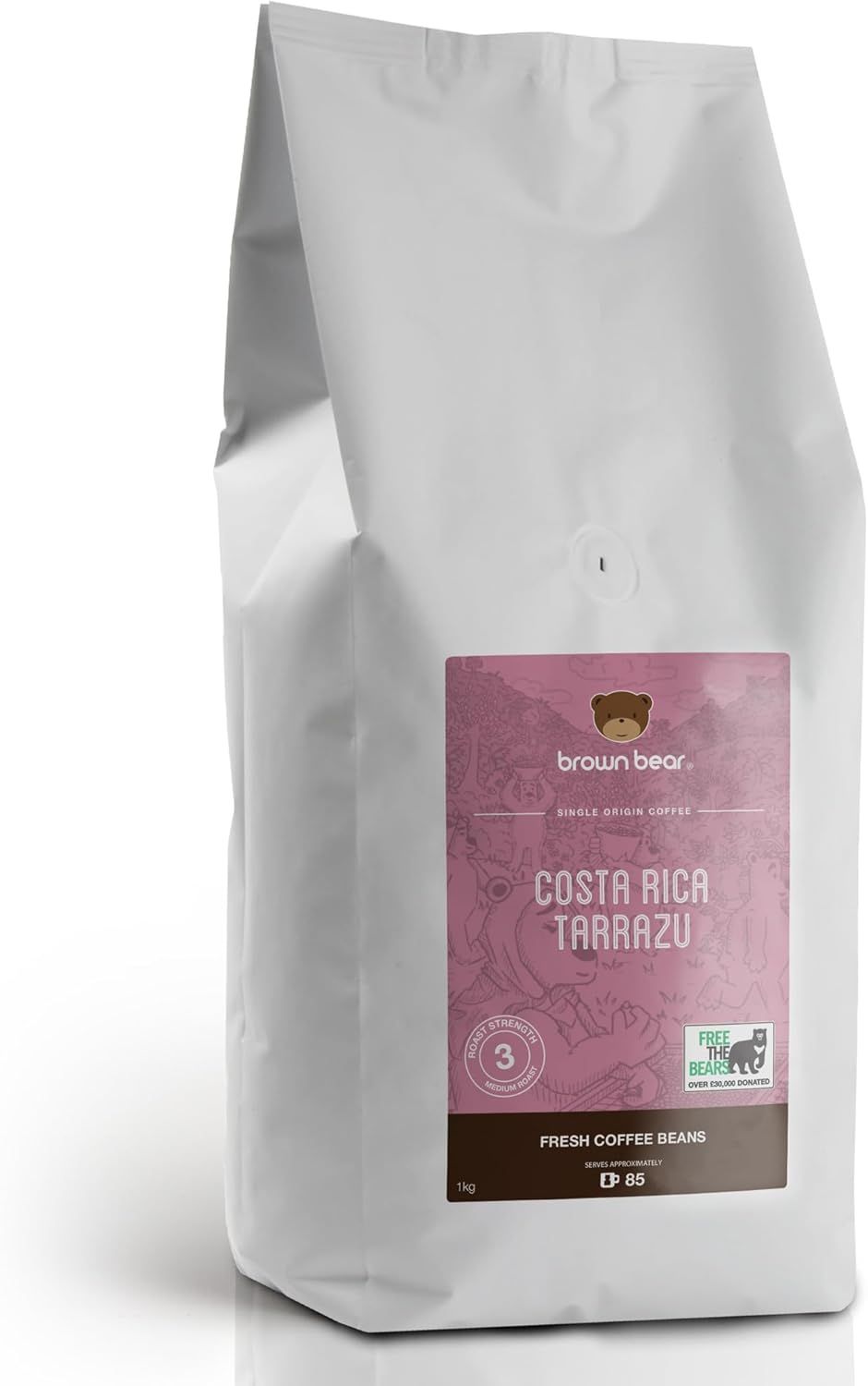Costa Rican Medium Roast Coffee Beans 1kg – Brown Bear Costa Rica Tarrazu – Strength 3 - For All Co…