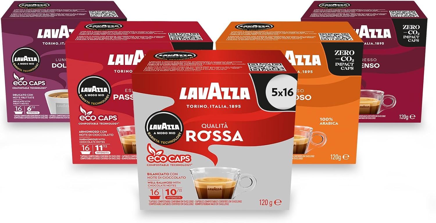Lavazza, 5 Variety Pack, A Modo Mio, Coffee Capsules, Compostable, 5 packs of 16 Coffee Pods (80 Co…