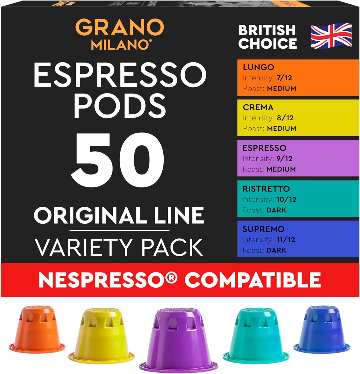 Grano Milano Variety Pack Coffee Capsules - 50 Pods Compatible with Nespresso Original line, Medium…