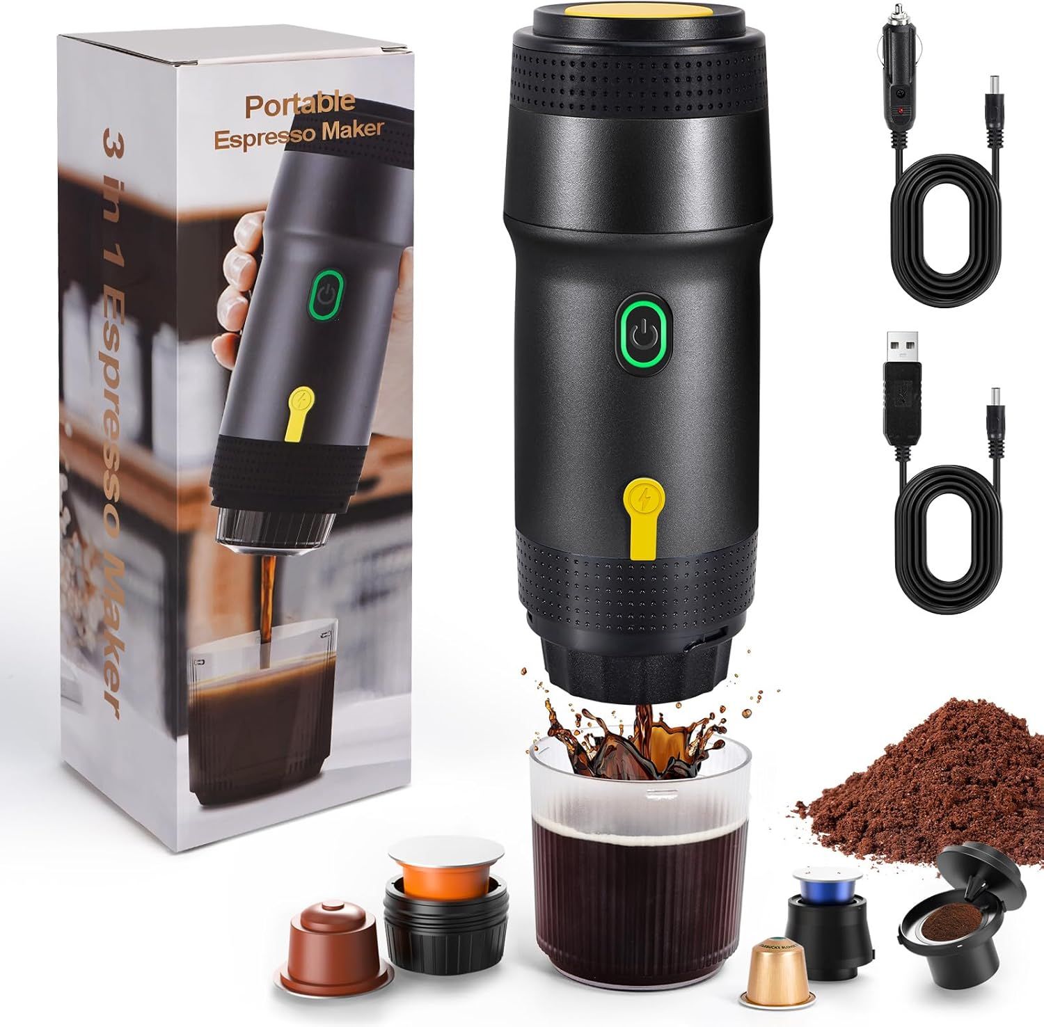 3-in-1 Portable Espresso Machine, Self-Heating, 12V Car Coffee Machine, Compatible with Big Capsule…