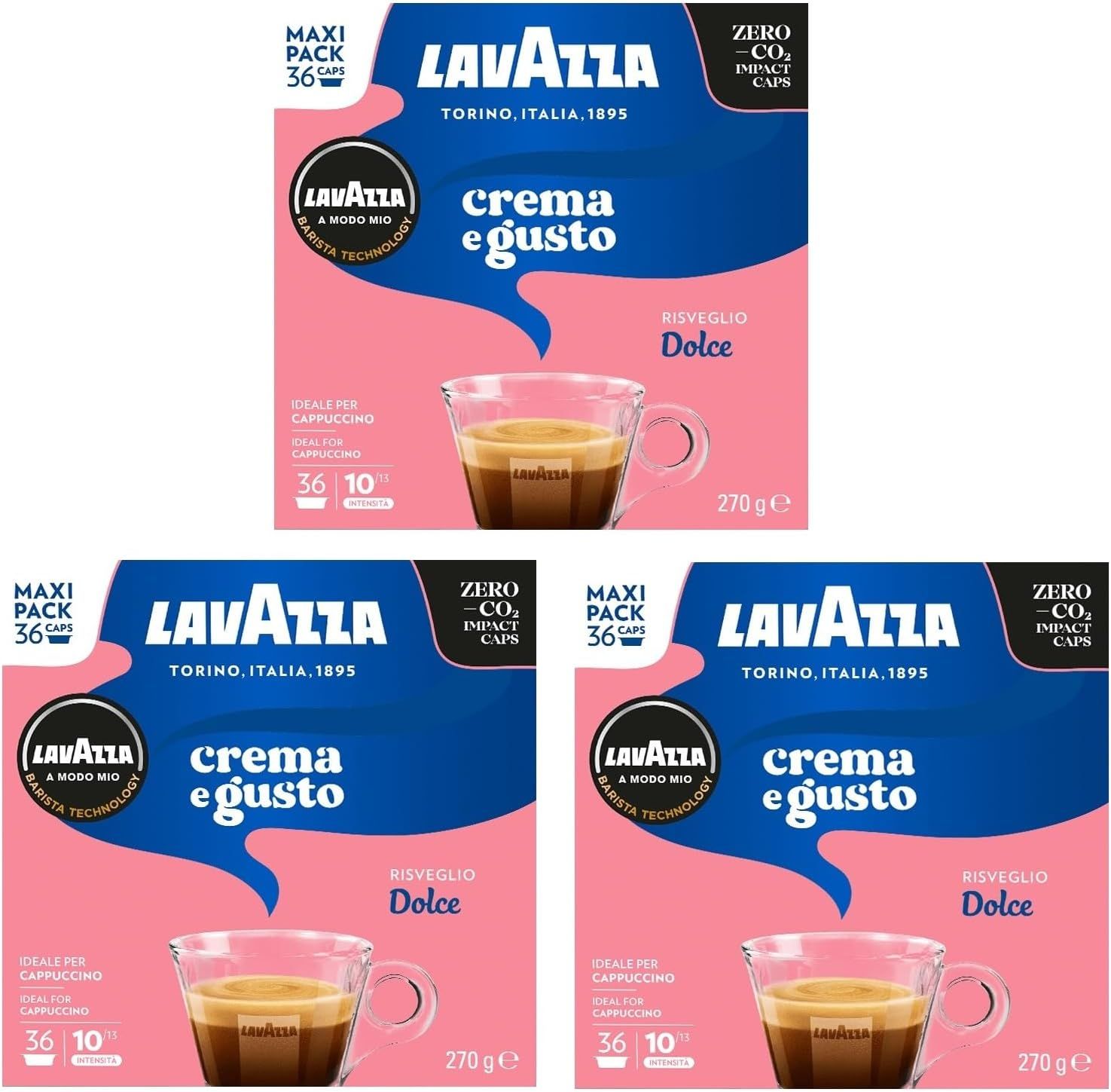 Lavazza A Modo Mio Crema e Gusto Dolce Coffee Capsules, x36 Maxi Pack (Pack of 3, Total 108 Pods)
