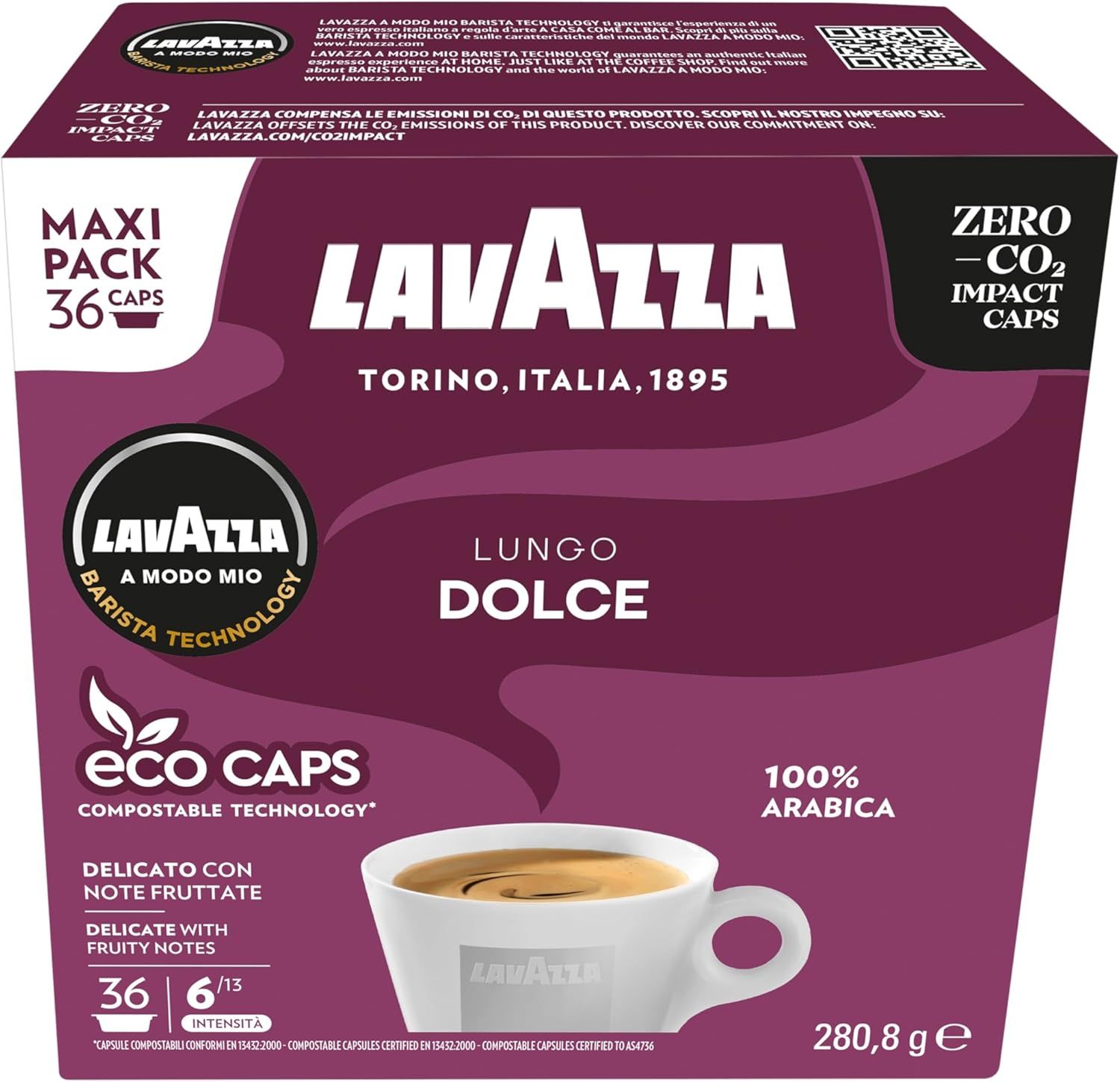 Lavazza A Modo Mio Lungo Dolce, 36 Coffee Capsules, with Aromatic Notes of Dried Fruits, for a Swee…